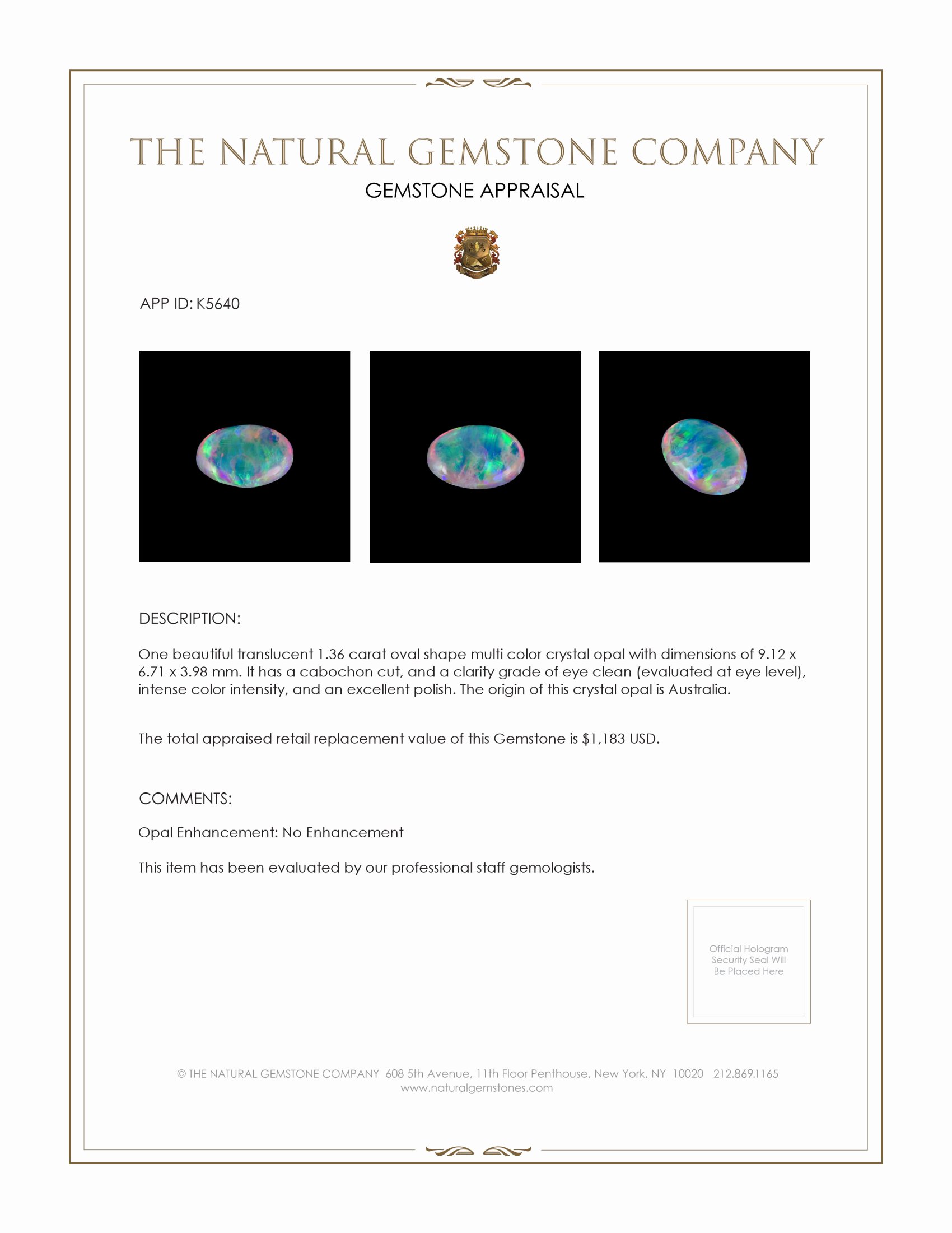 1.36 Ct. Cabochon Crystal/Jelly Opal from Australia