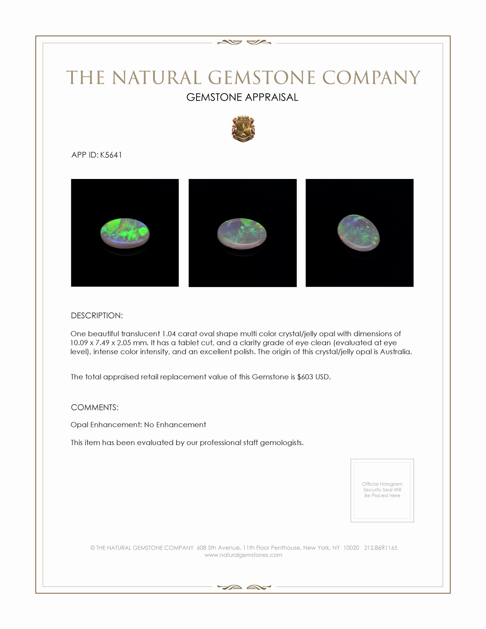 1.04 Ct. Crystal/Jelly Opal from Australia