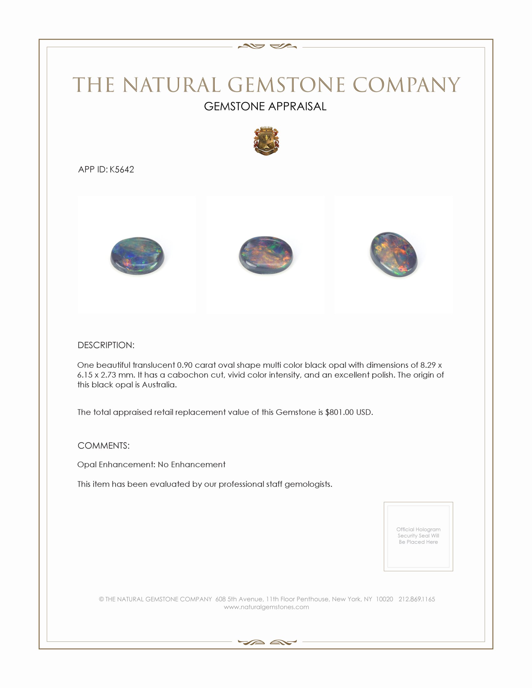 0.90 Ct. Cabochon Black Opal from Australia