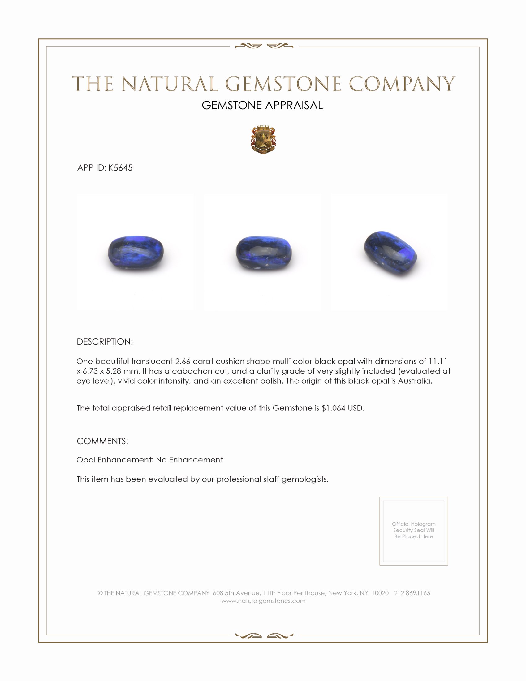 2.66 Ct. Cabochon Black Opal from Australia