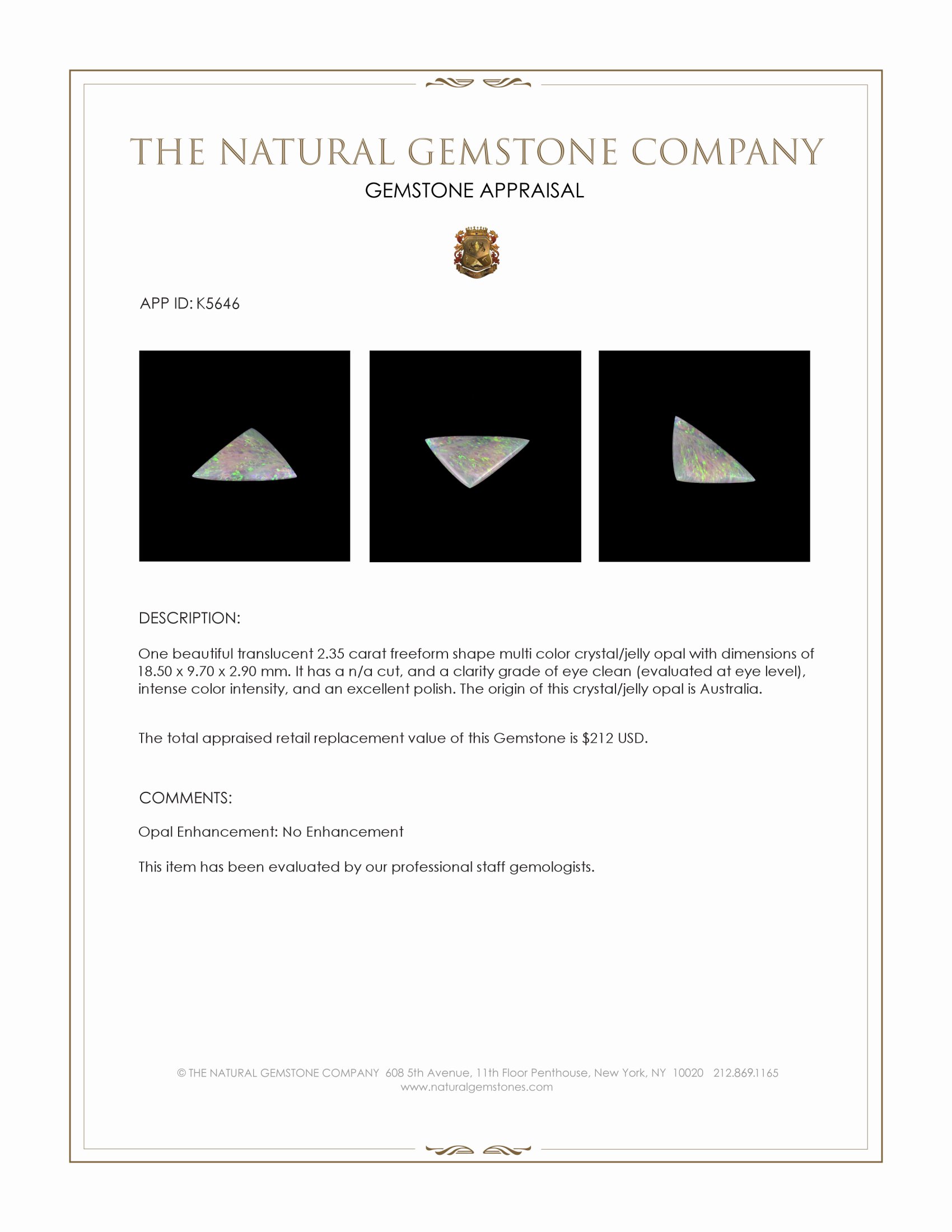 2.35 Ct. Crystal/Jelly Opal from Australia