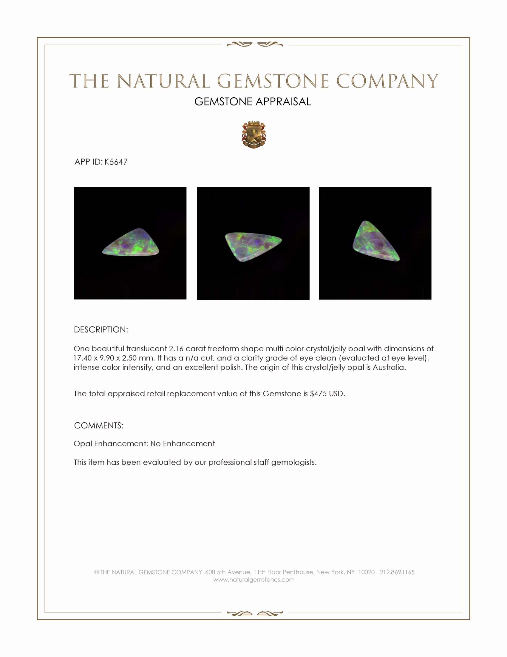 2.16 Ct. Multi Color Crystal Opal (Jelly Opal) from Australia