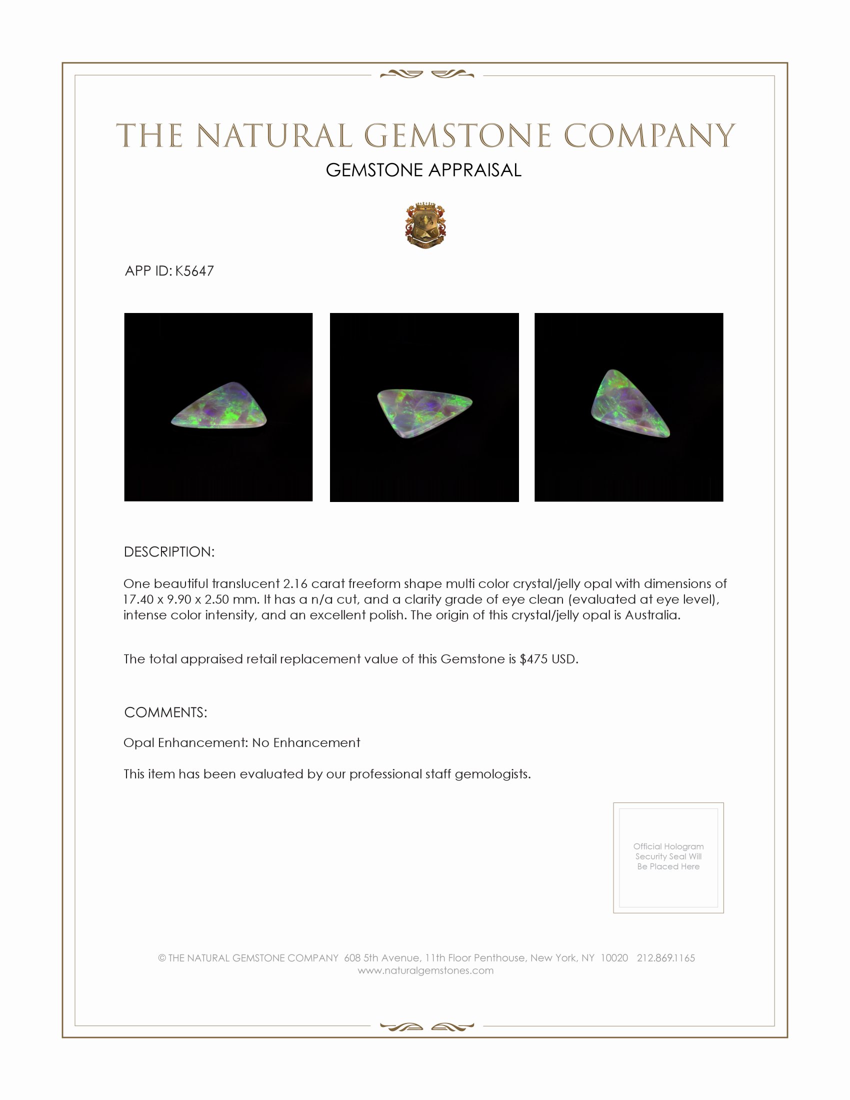 2.16 Ct. Crystal/Jelly Opal from Australia