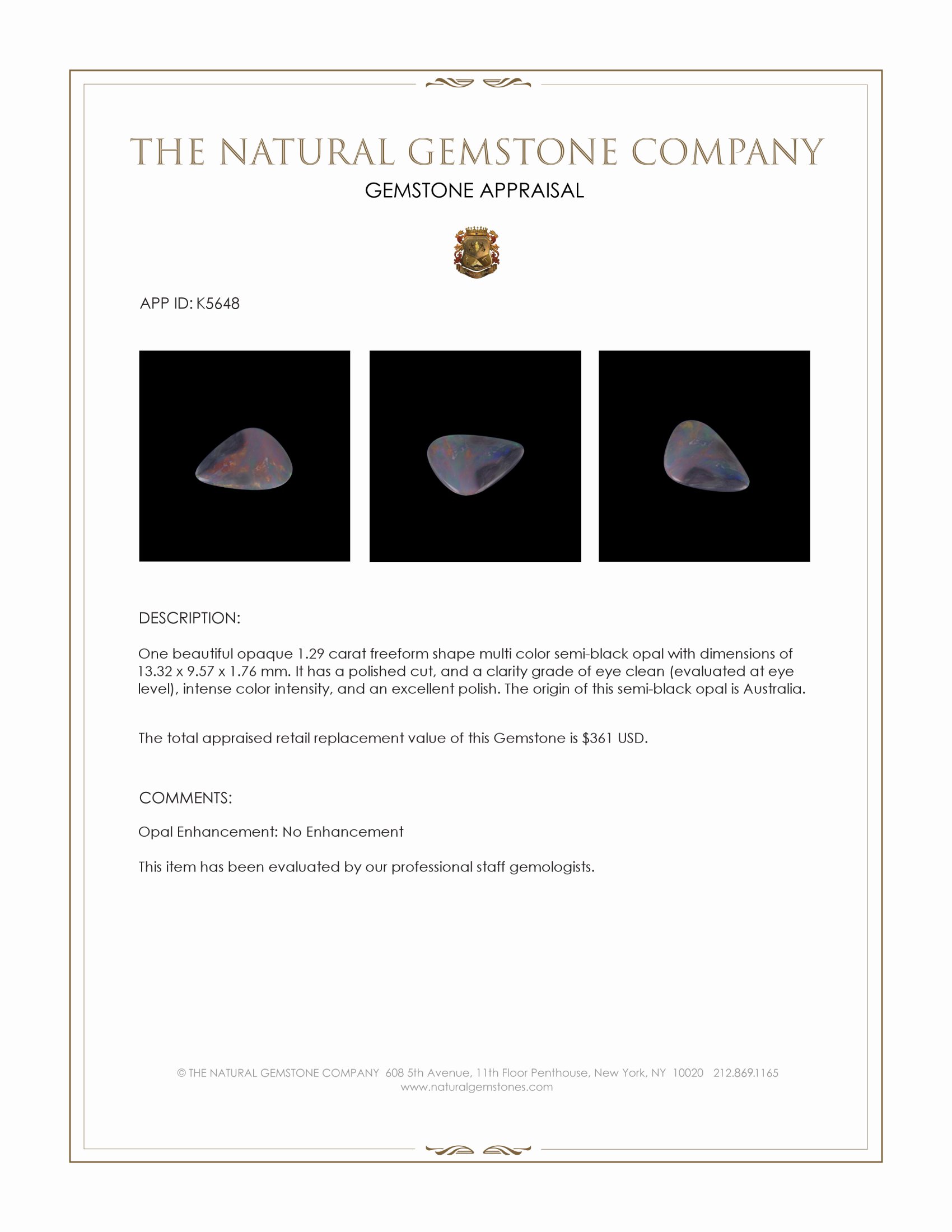 1.29 Ct. Multi Color Semi-Black Opal from Australia