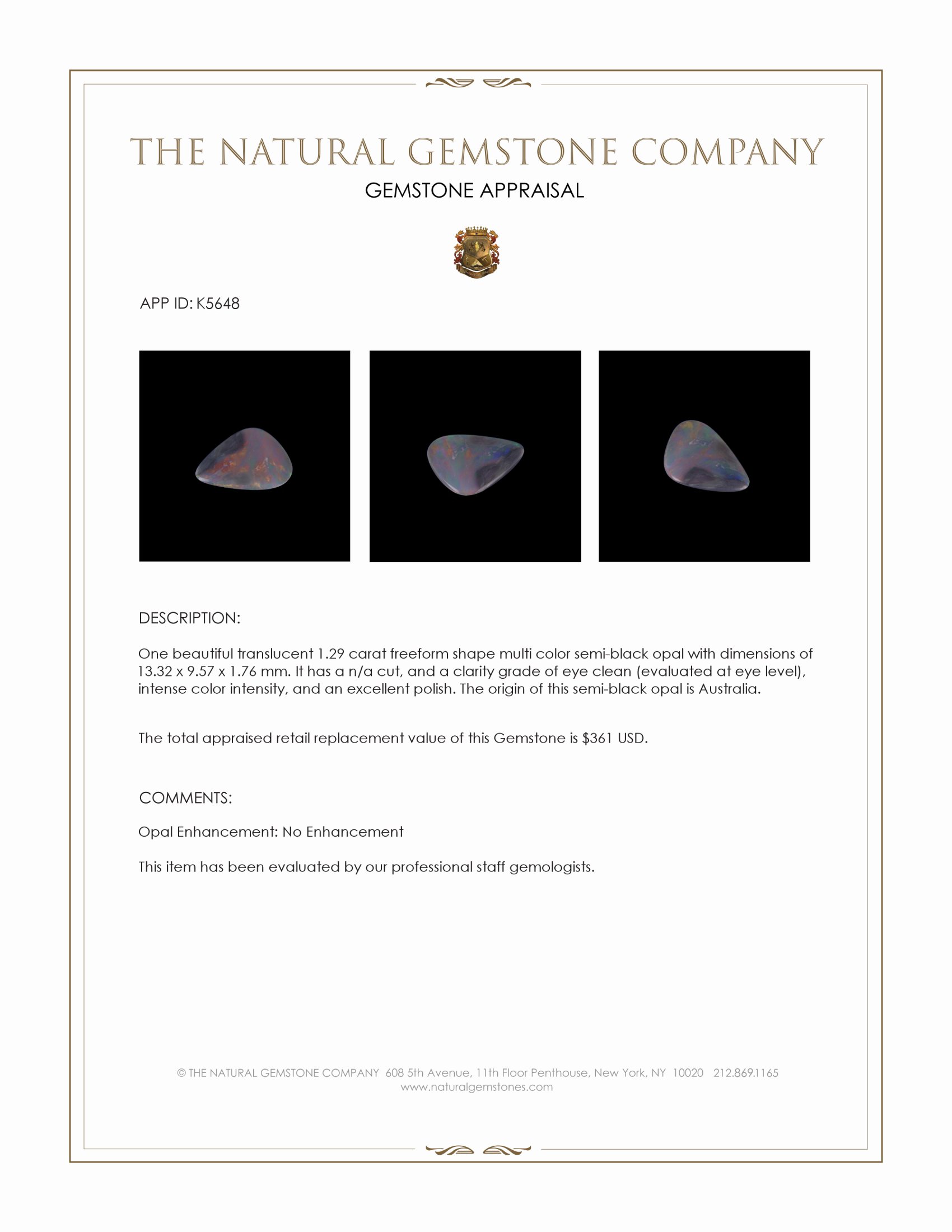 1.29 Ct. Semi-Black Opal from Australia