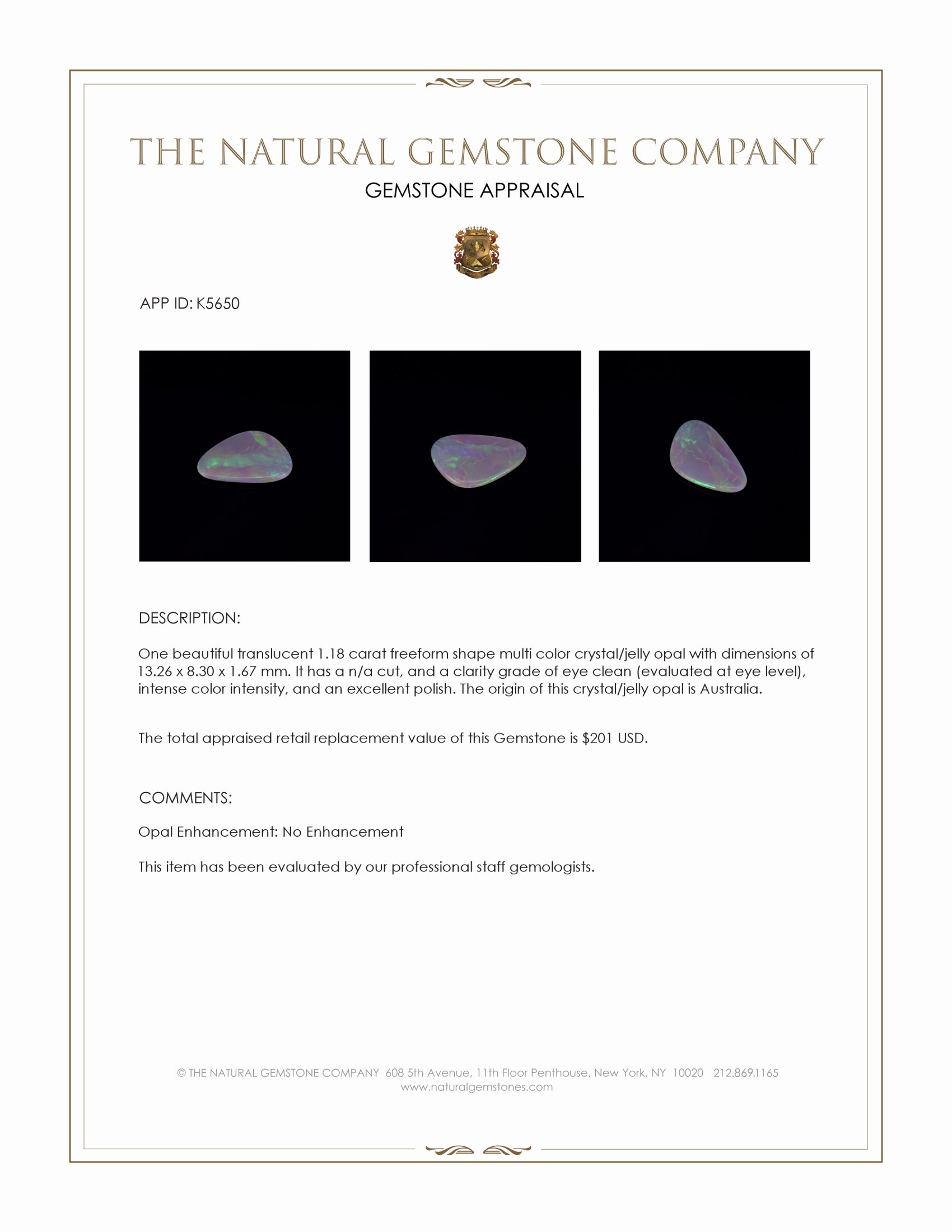 1.18 Ct. Crystal/Jelly Opal from Australia