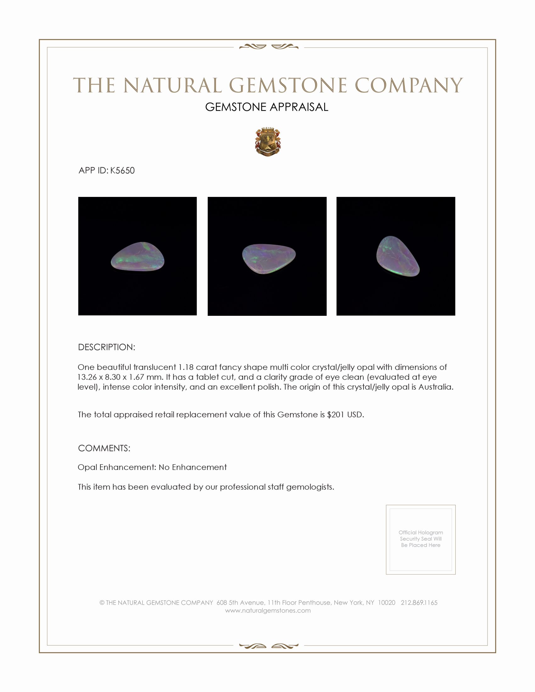 1.18 Ct. Crystal/Jelly Opal from Australia