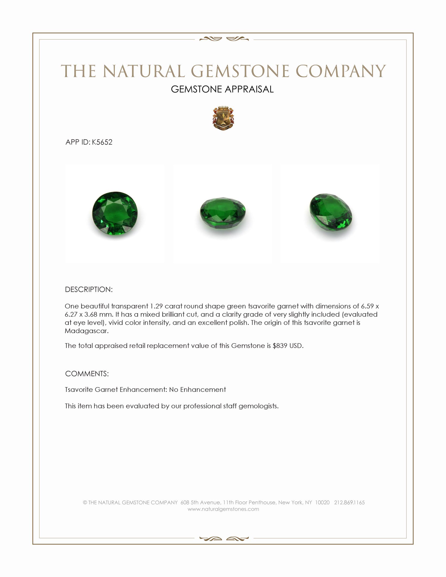 1.29 Ct. Tsavorite Garnet from Madagascar