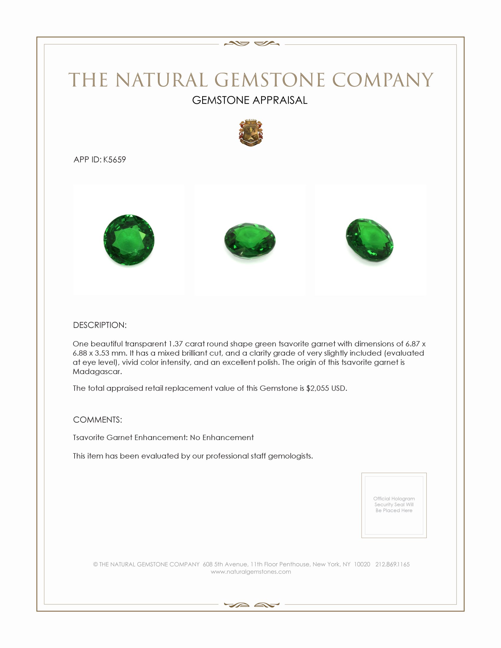 1.37 Ct. Tsavorite Garnet from Madagascar