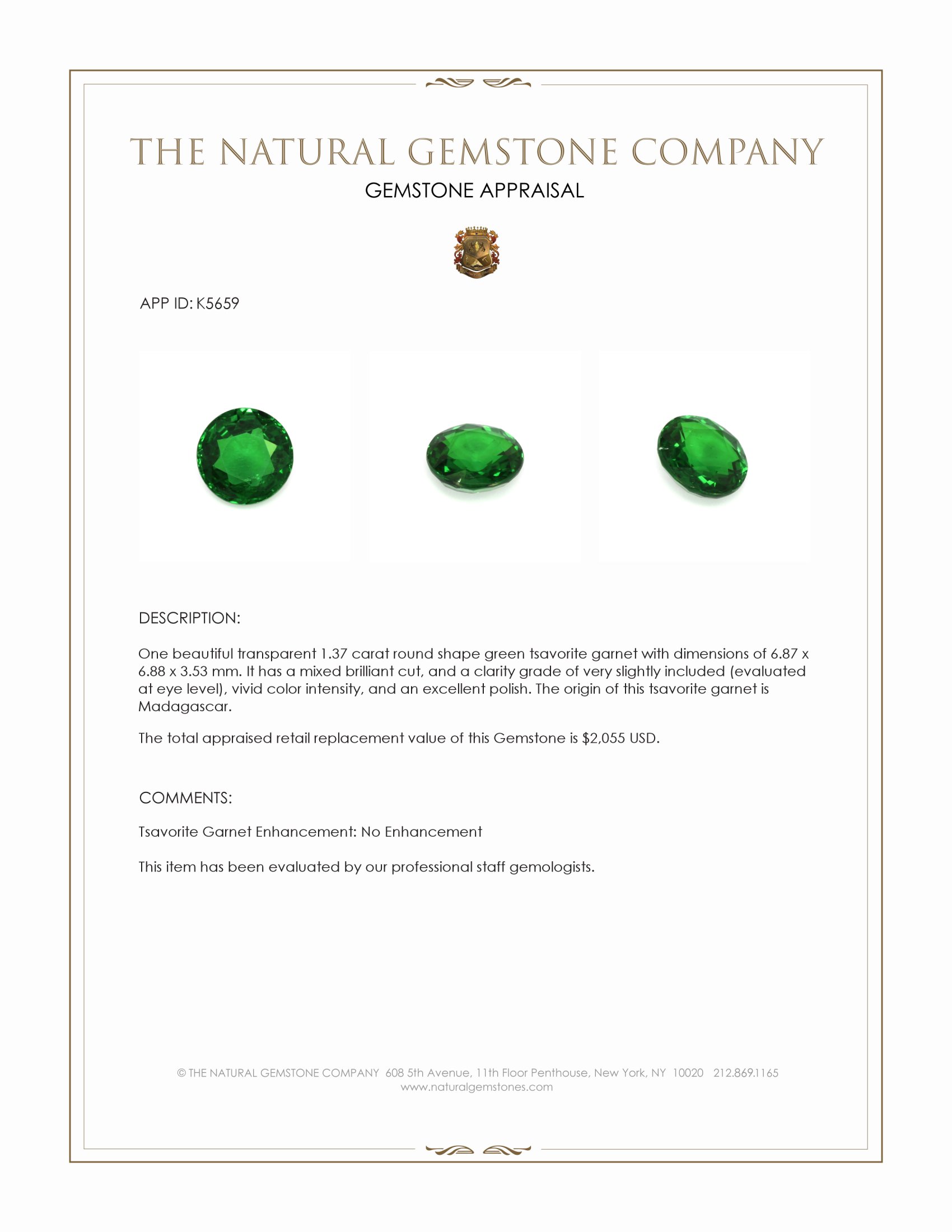 1.37 Ct. Tsavorite Garnet from Madagascar