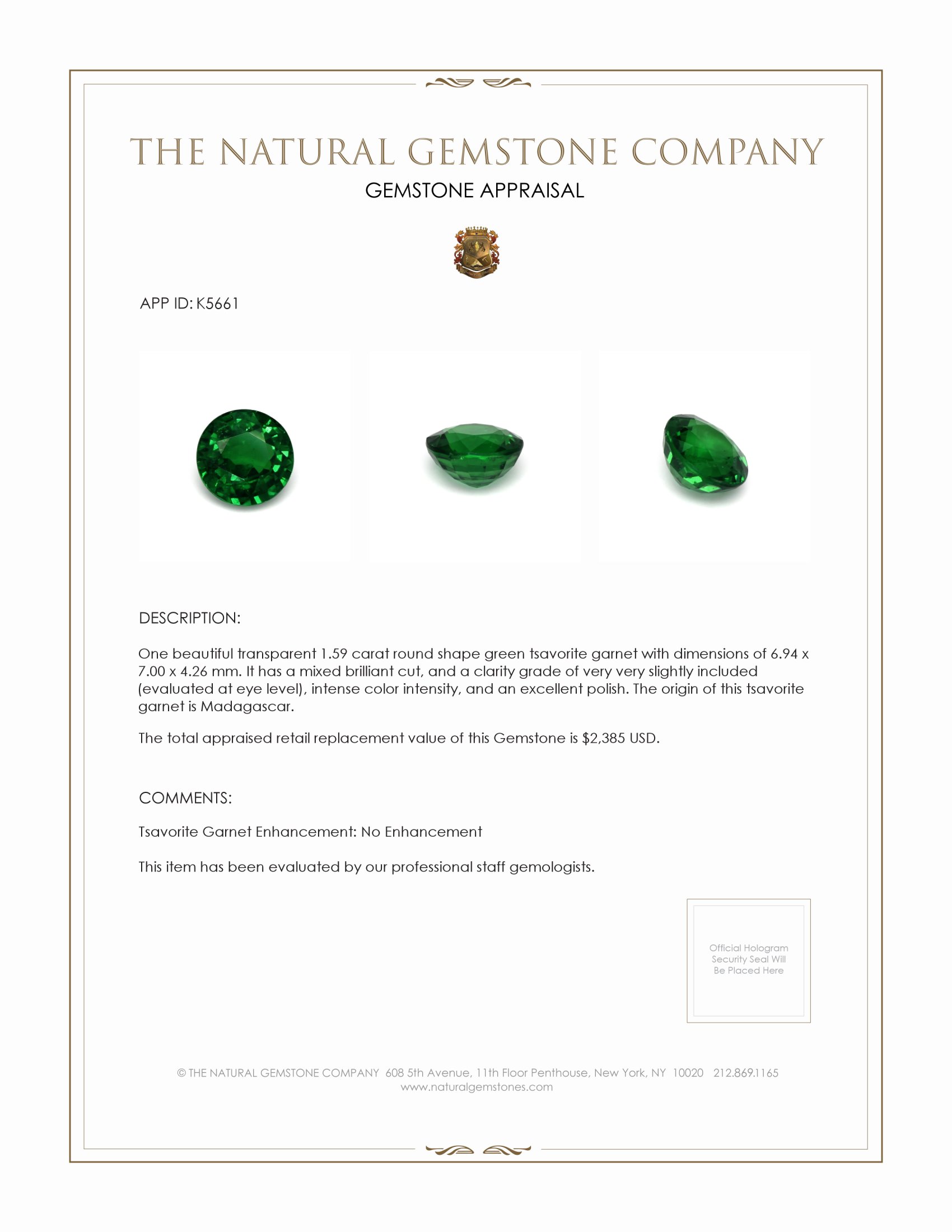 1.59 Ct. Tsavorite Garnet from Madagascar