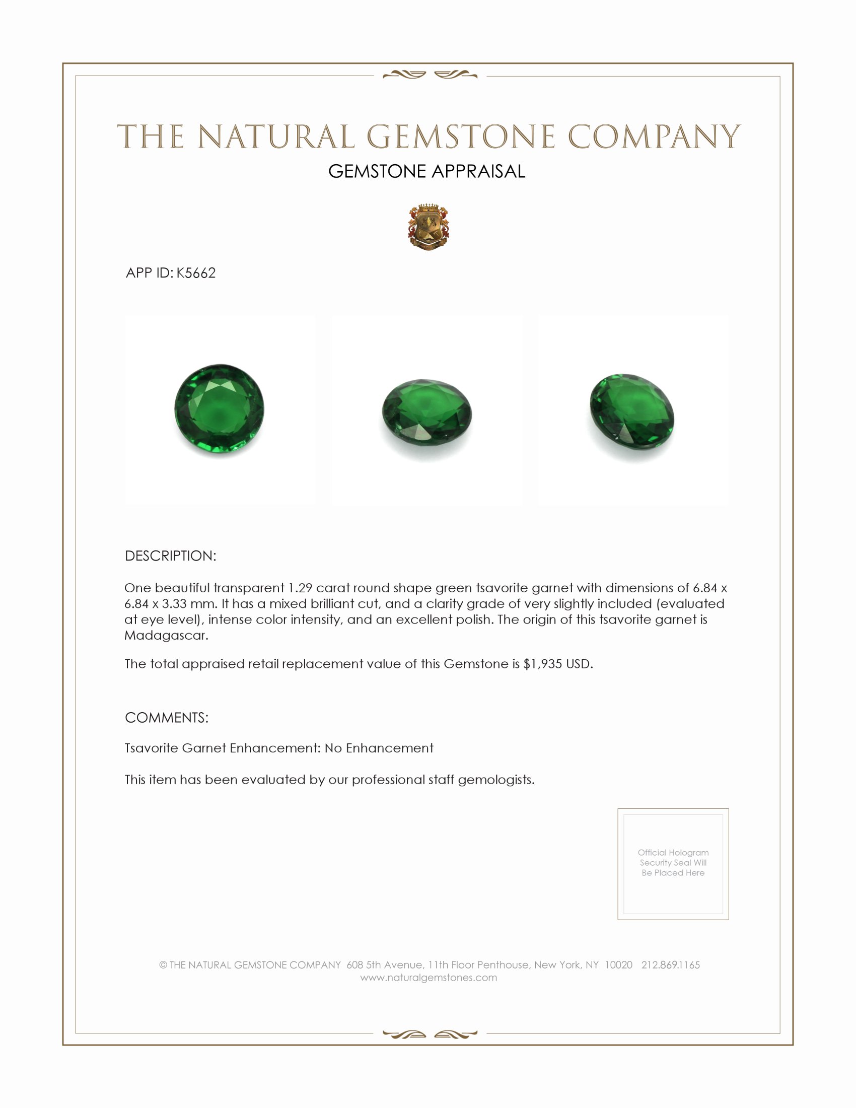 1.29 Ct. Tsavorite Garnet from Madagascar