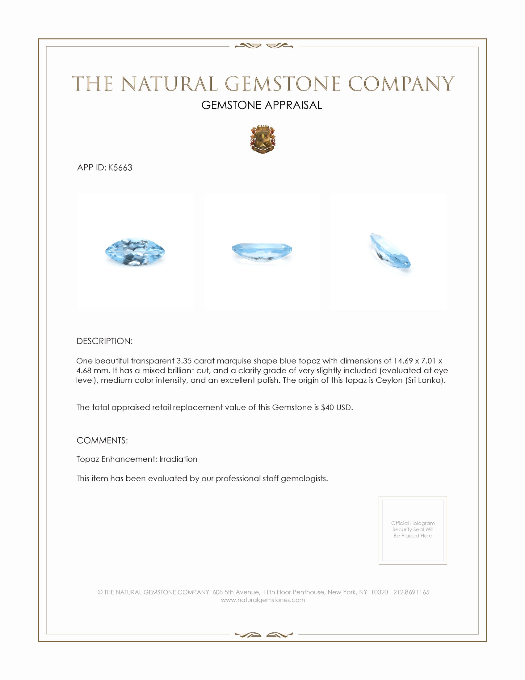 3.35 Ct. Blue Topaz from Ceylon (Sri Lanka)