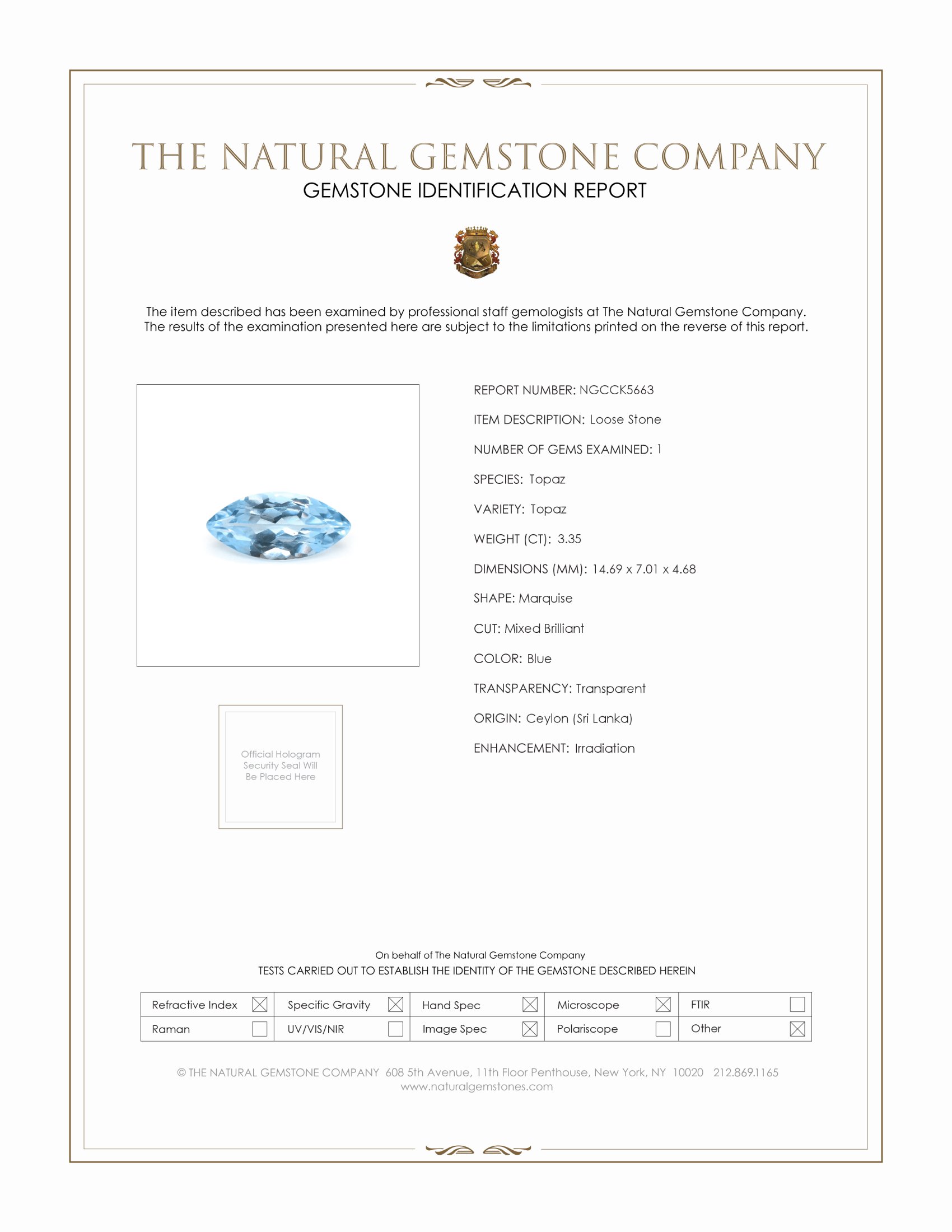 3.35 Ct. Blue Topaz from Ceylon (Sri Lanka)