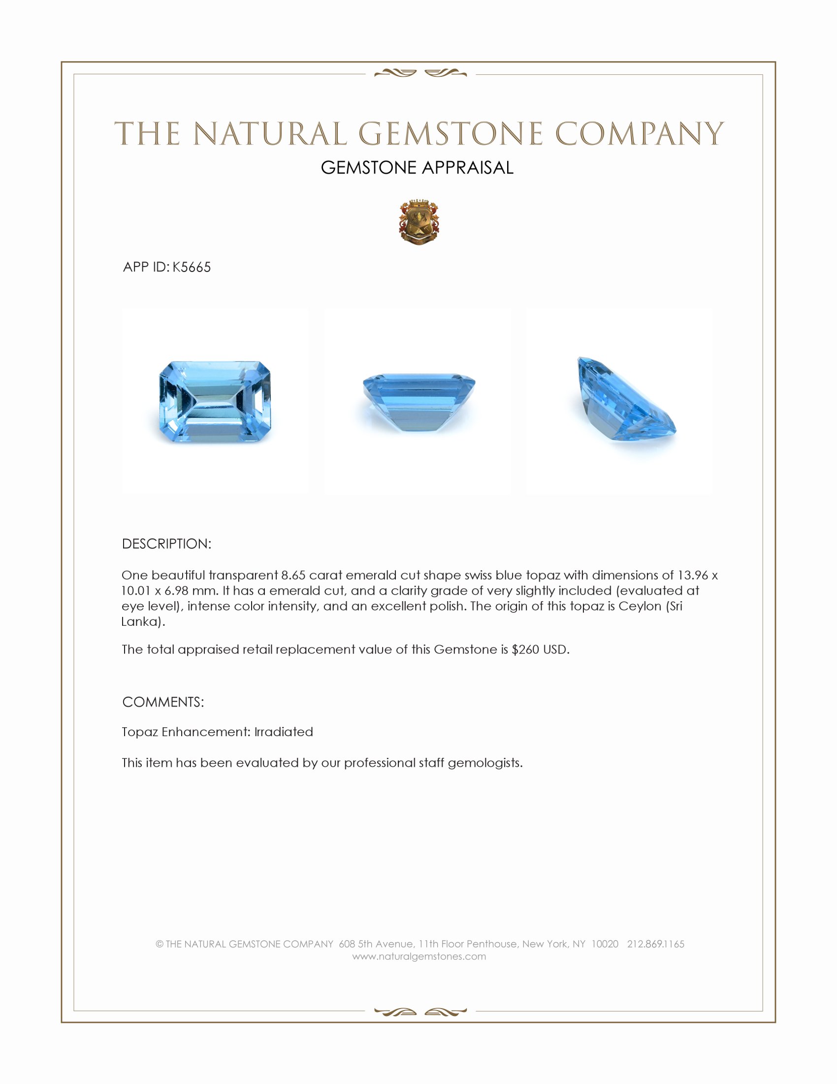 8.65 Ct. Swiss Blue Topaz from Ceylon (Sri Lanka)