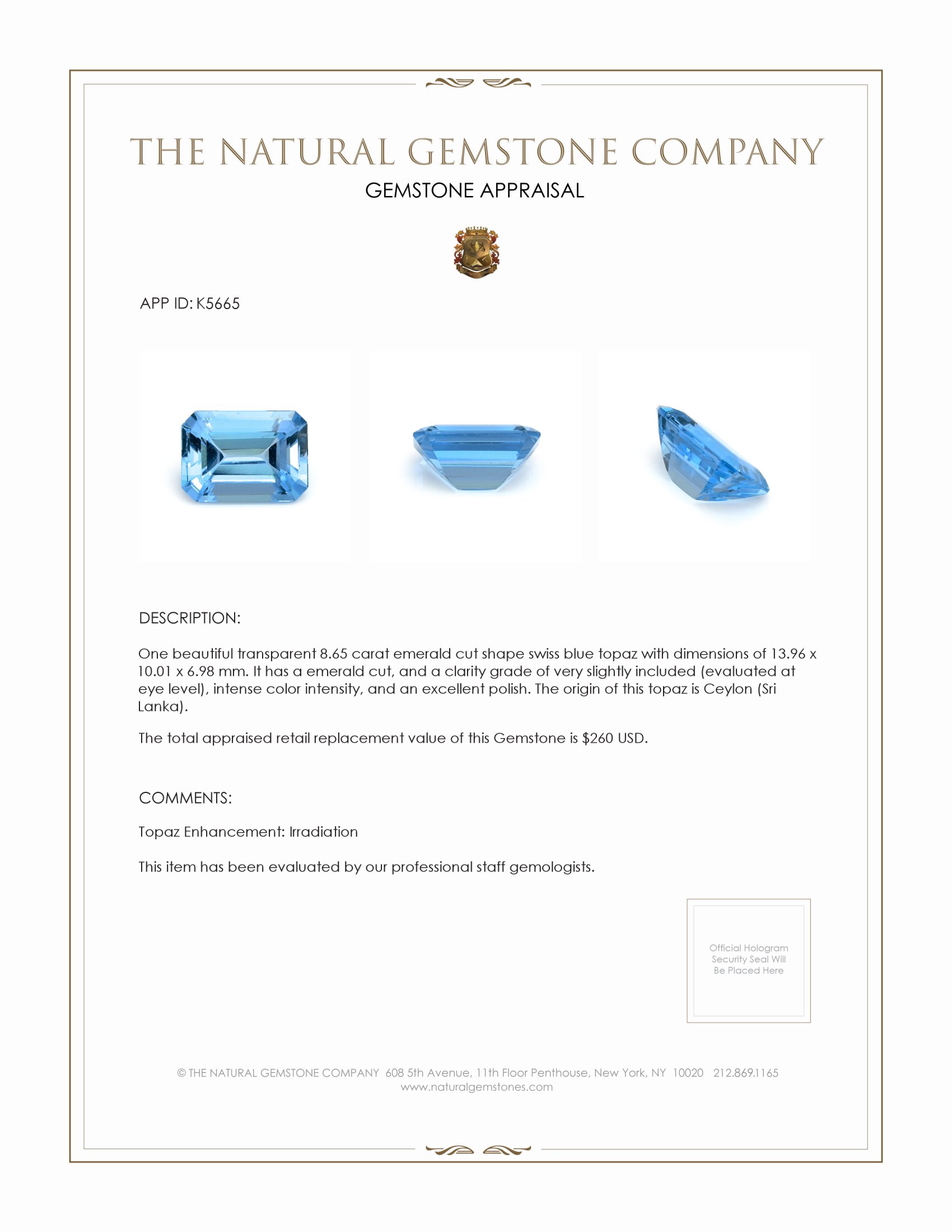 8.65 Ct. Topaz from Ceylon (Sri Lanka)