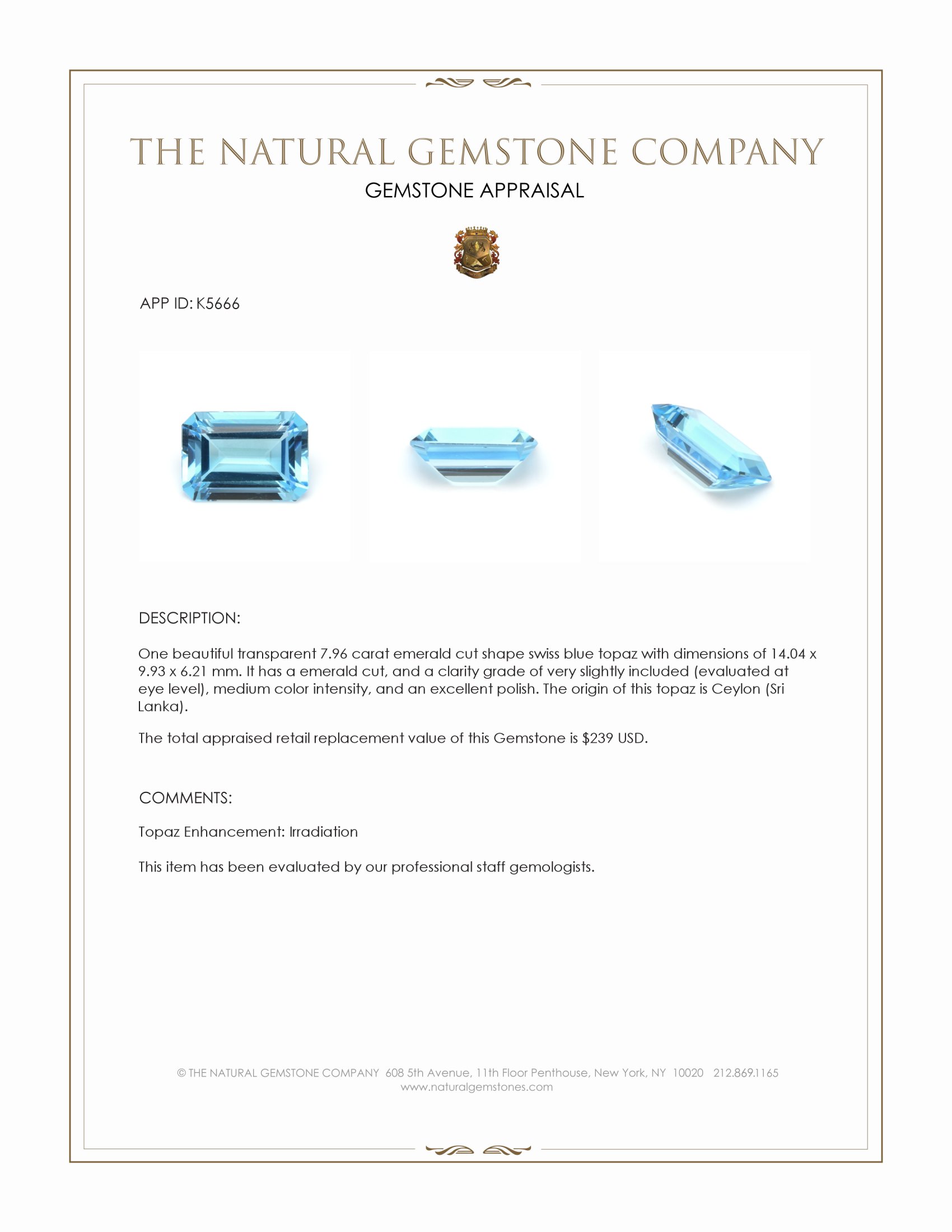 7.96 Ct. Swiss Blue Topaz from Ceylon (Sri Lanka)