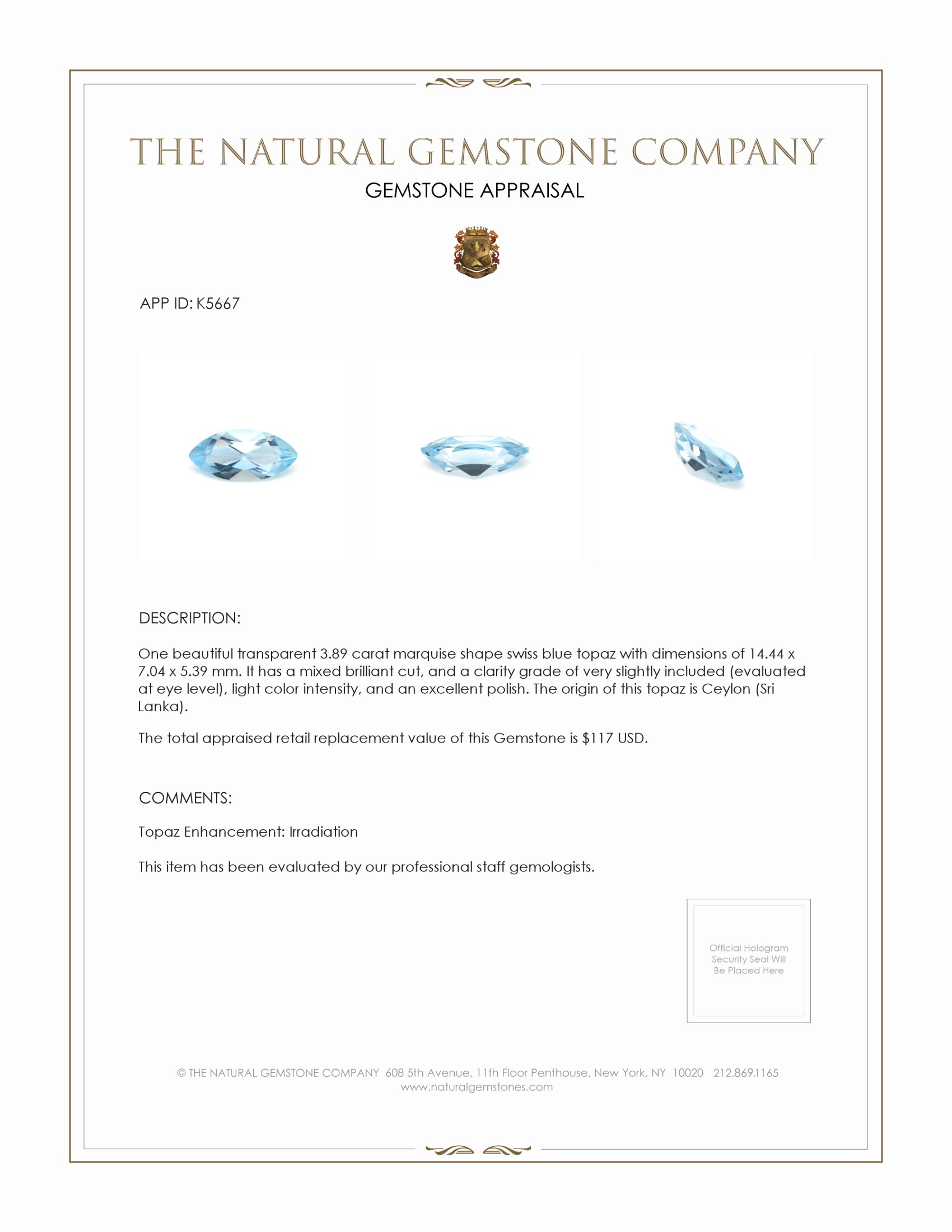 3.89 Ct. Swiss Blue Topaz from Ceylon (Sri Lanka)