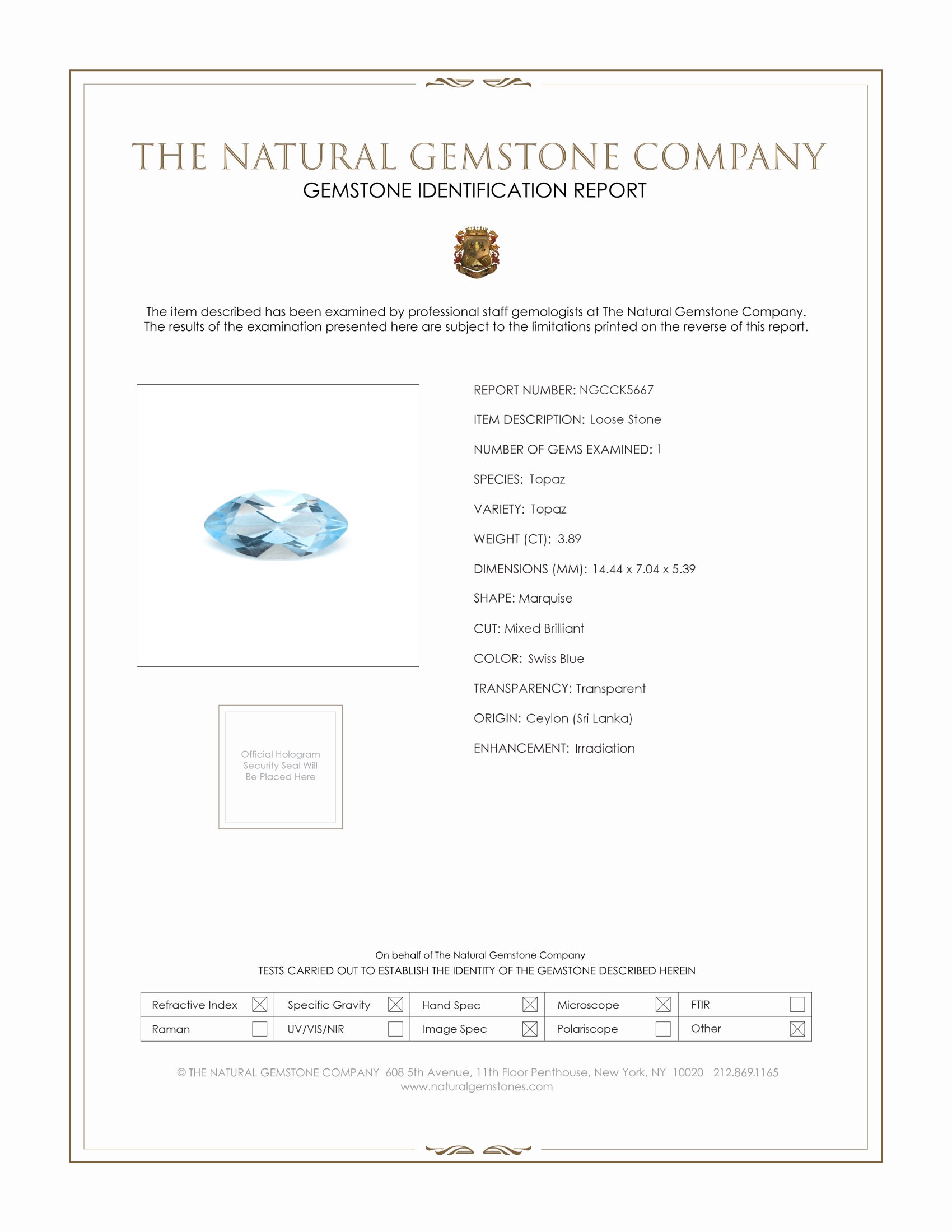 3.89 Ct. Swiss Blue Topaz from Ceylon (Sri Lanka)