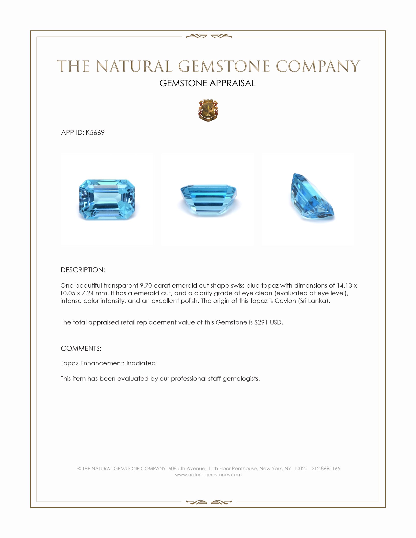 9.70 Ct. Swiss Blue Topaz from Ceylon (Sri Lanka)