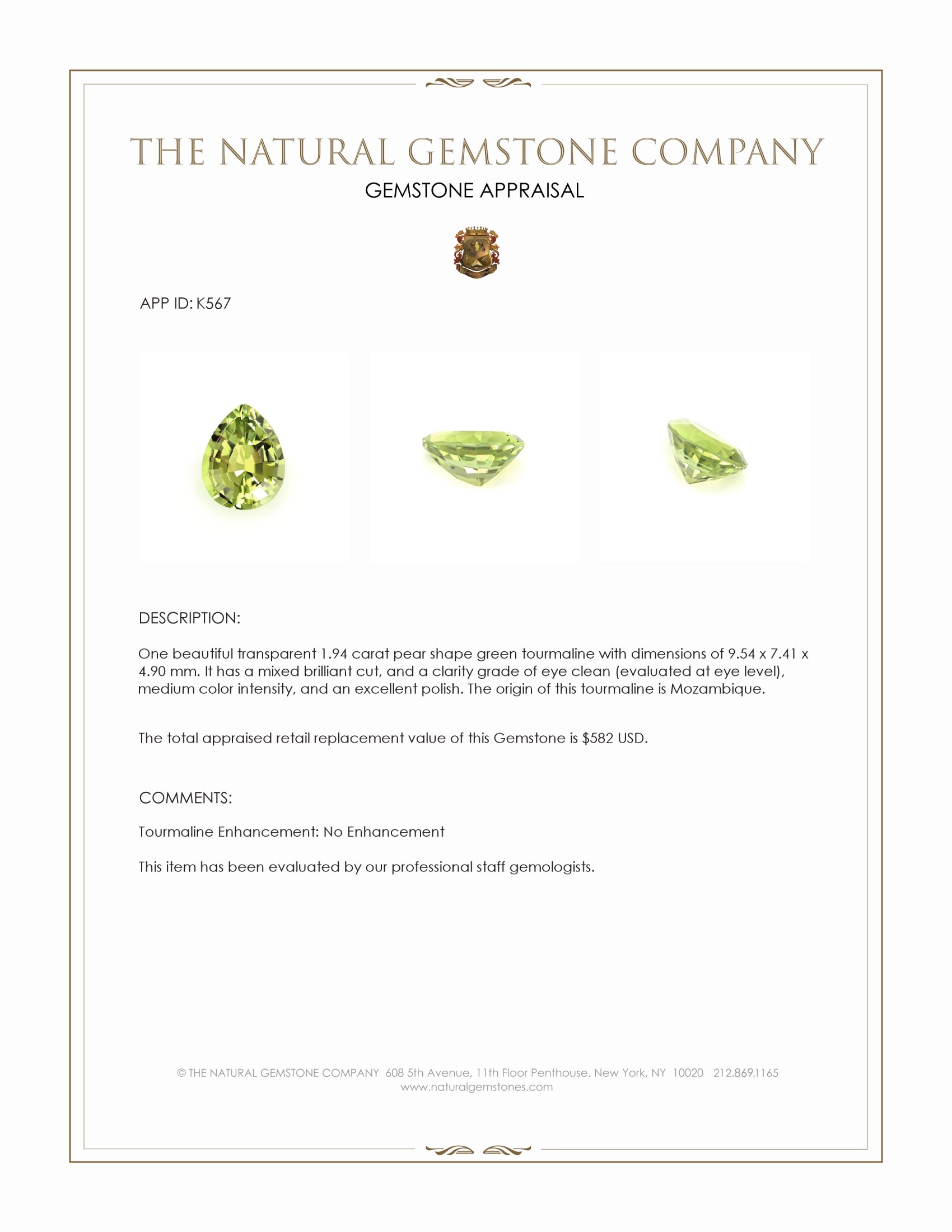 1.94 Ct. Green Tourmaline from Mozambique