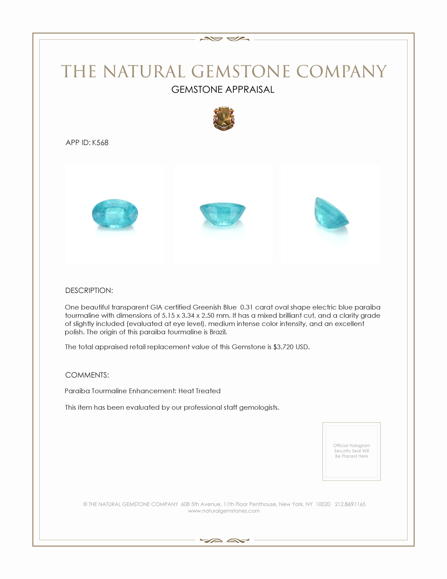 0.31 Ct. Paraiba Tourmaline from Brazil