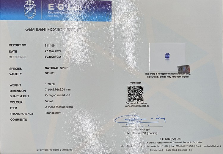 1.76 Ct. Spinel from Ceylon (Sri Lanka)