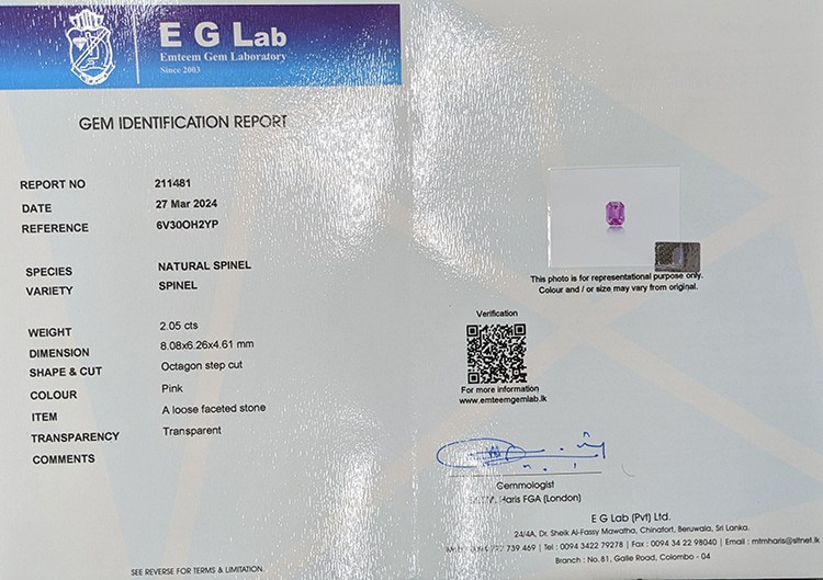 2.05 Ct. Spinel from Ceylon (Sri Lanka)