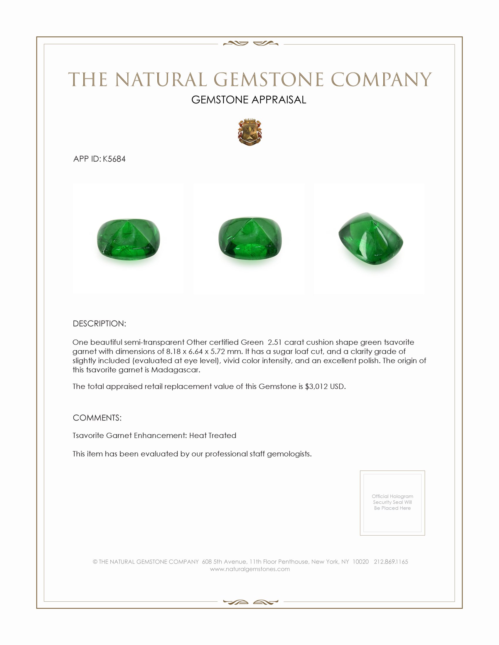 2.51 Ct. Cabochon Tsavorite Garnet from Madagascar