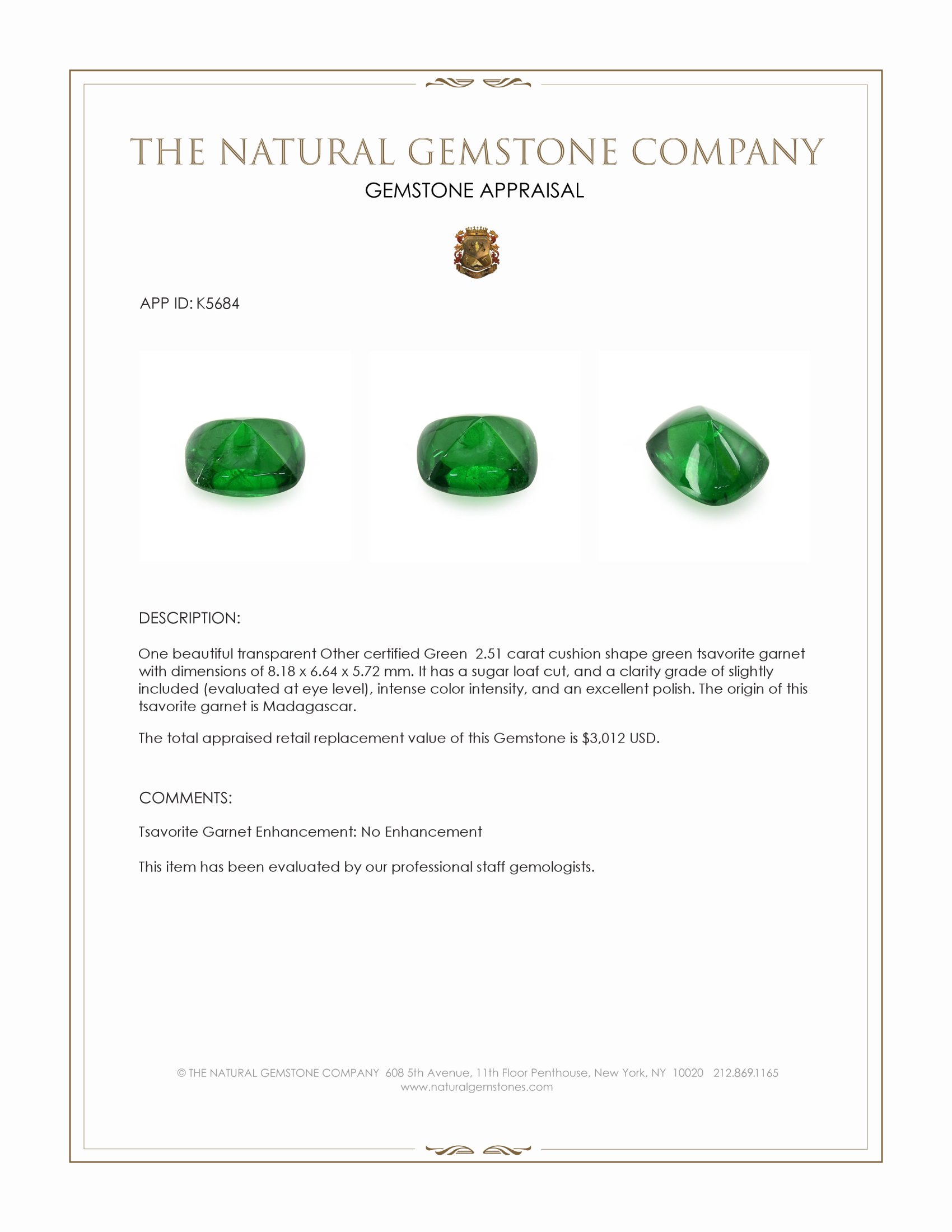 2.51 Ct. Cabochon Tsavorite Garnet from Madagascar