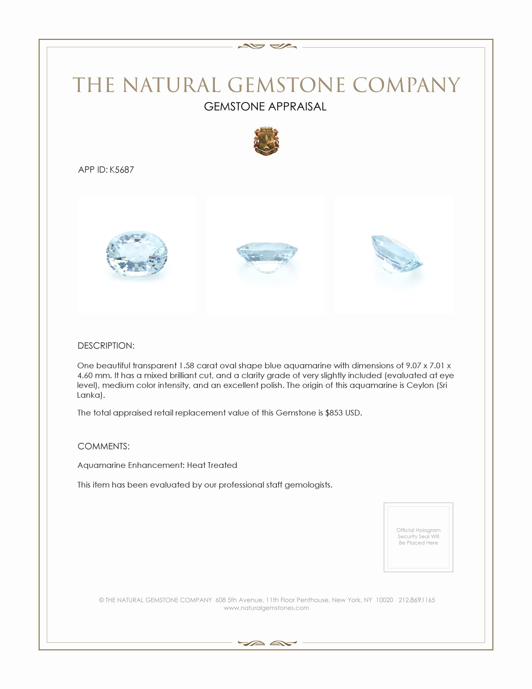1.58 Ct. Aquamarine from Ceylon (Sri Lanka)