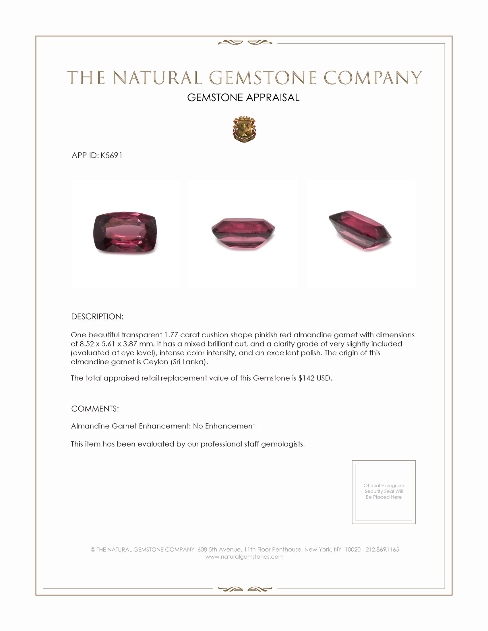 1.77 Ct. Almandine Garnet from Ceylon (Sri Lanka)