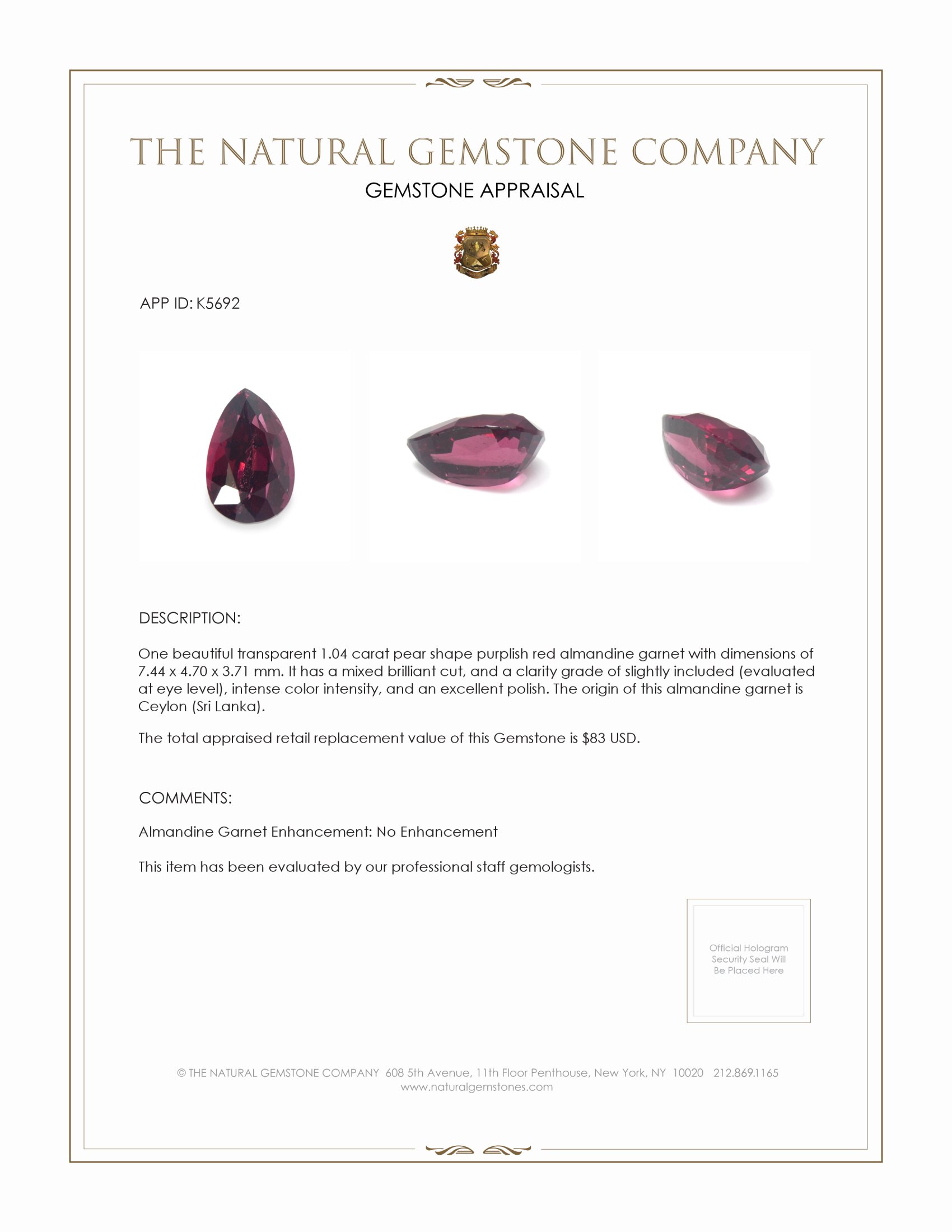 1.04 Ct. Purplish Red Almandine Garnet from Ceylon (Sri Lanka)