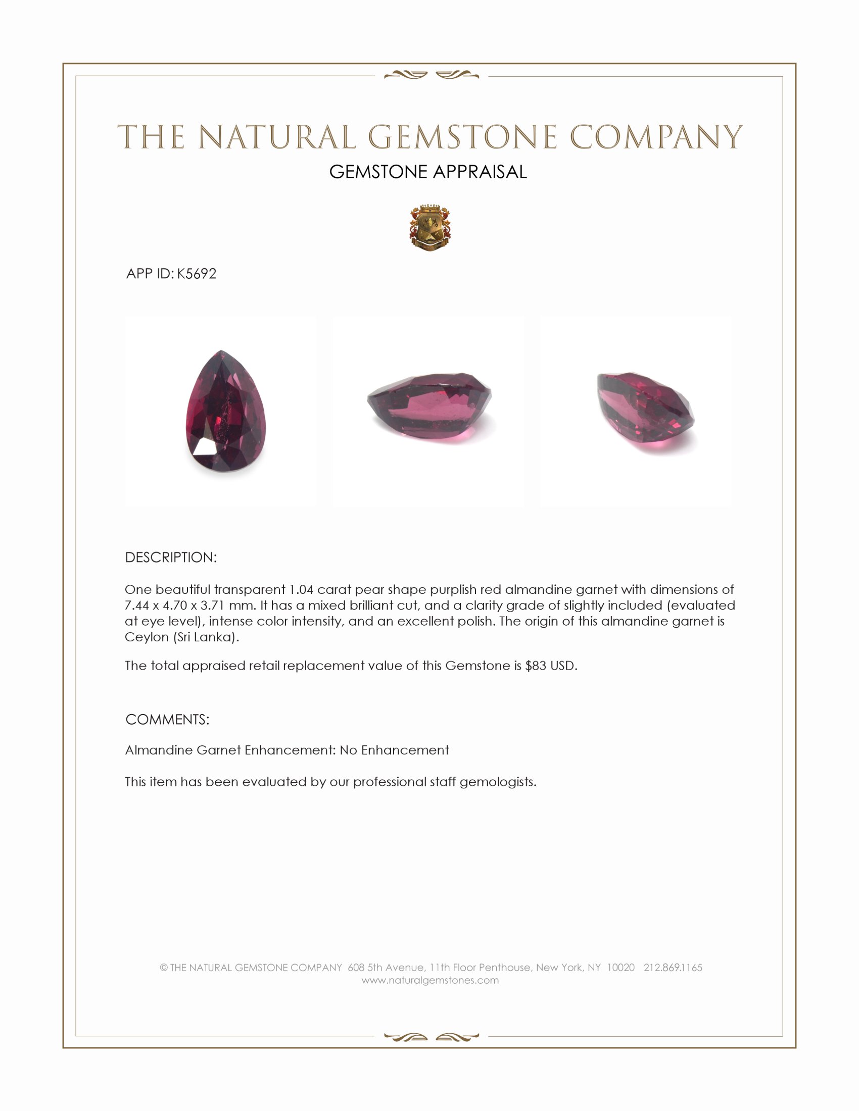 1.04 Ct. Almandine Garnet from Ceylon (Sri Lanka)