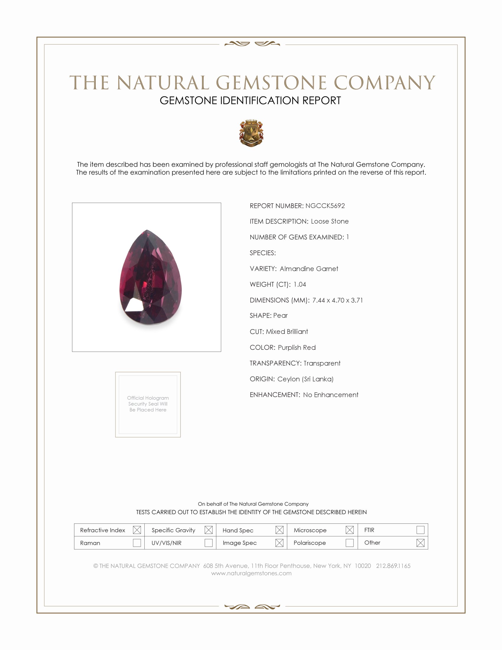 1.04 Ct. Almandine Garnet from Ceylon (Sri Lanka)