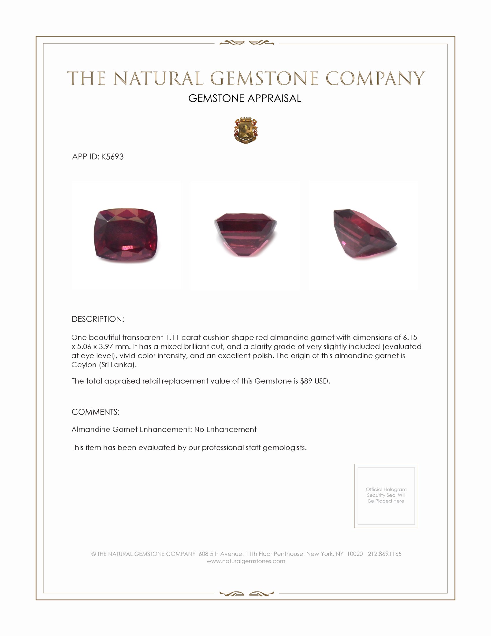 1.11 Ct. Red Almandine Garnet from Ceylon (Sri Lanka)