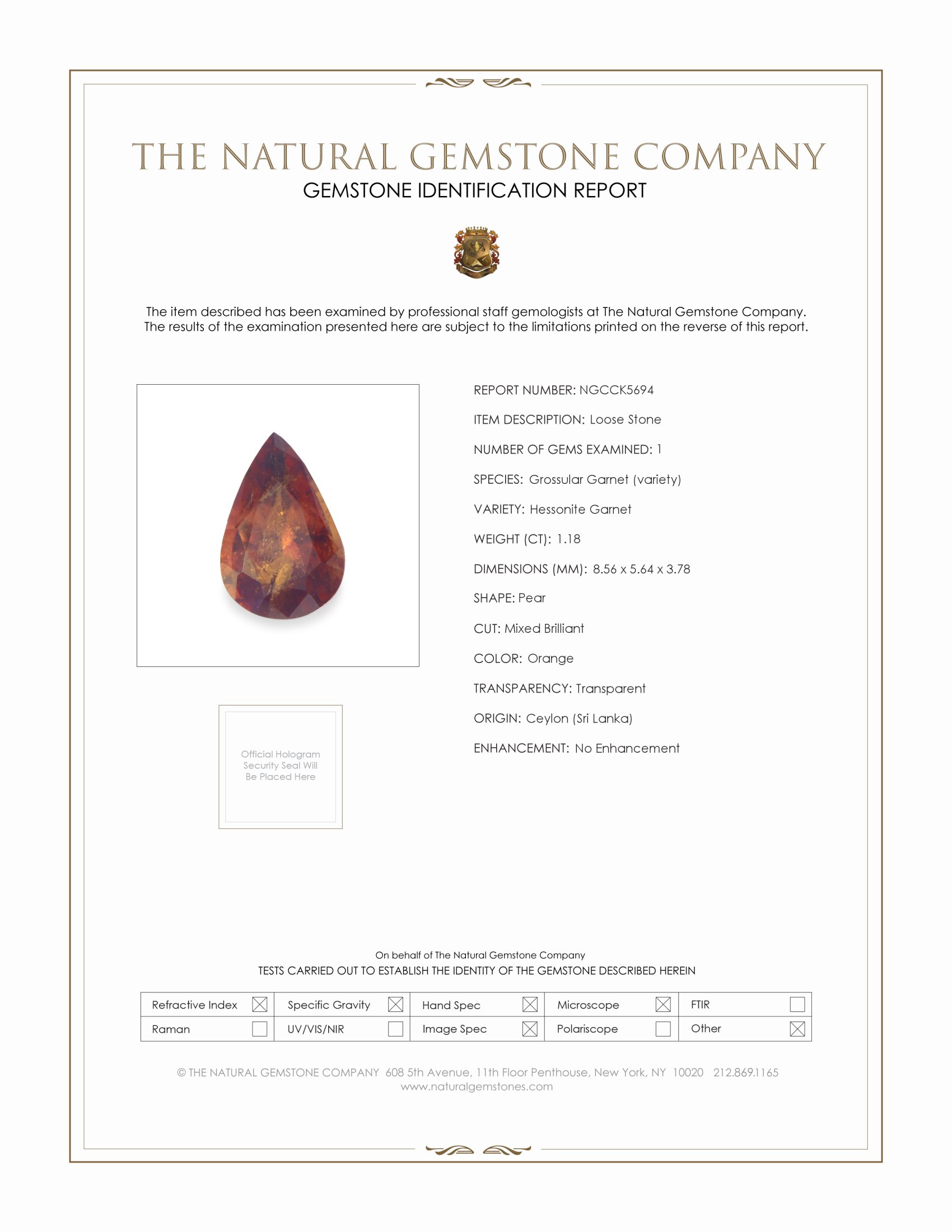 1.18 Ct. Hessonite Garnet from Ceylon (Sri Lanka)