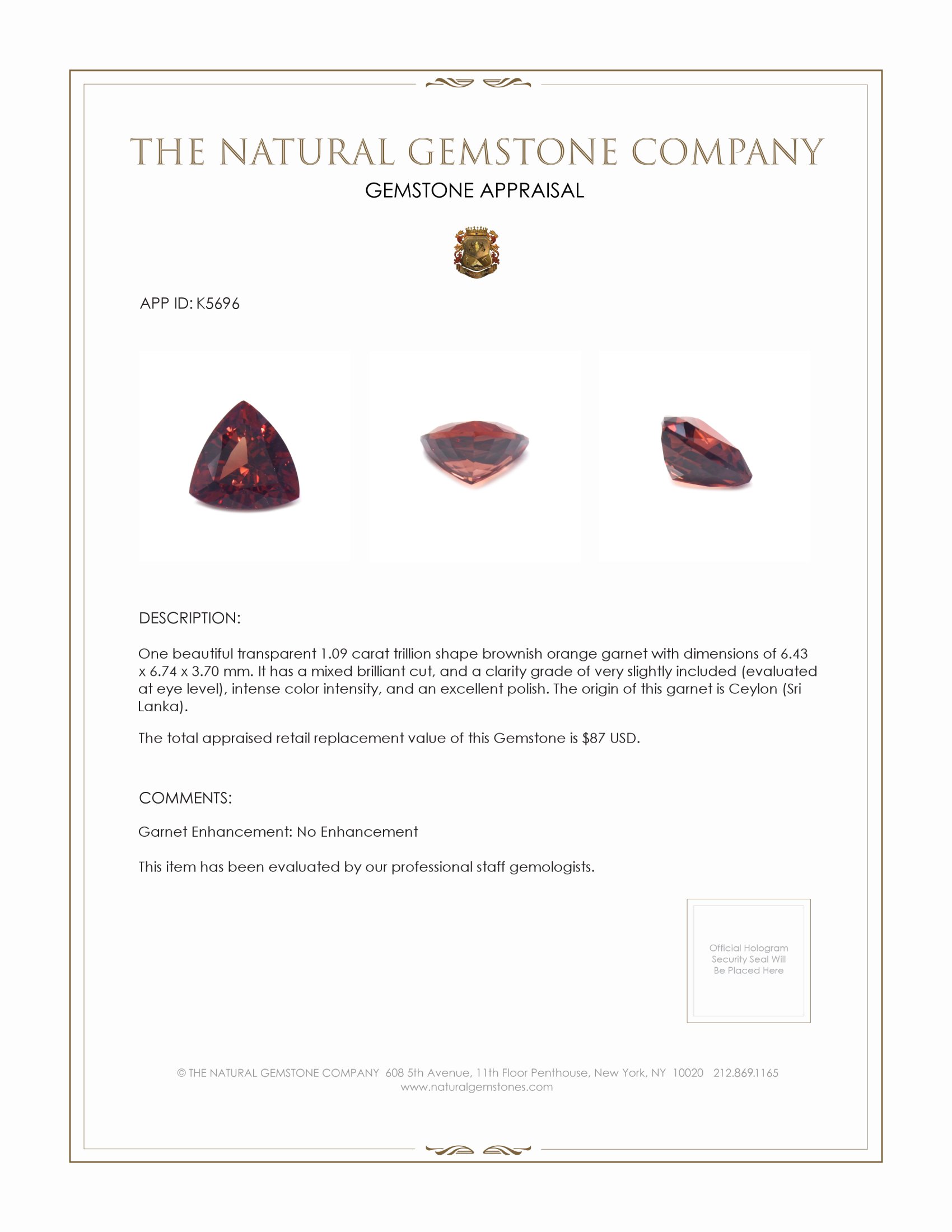1.09 Ct. Garnet from Ceylon (Sri Lanka)