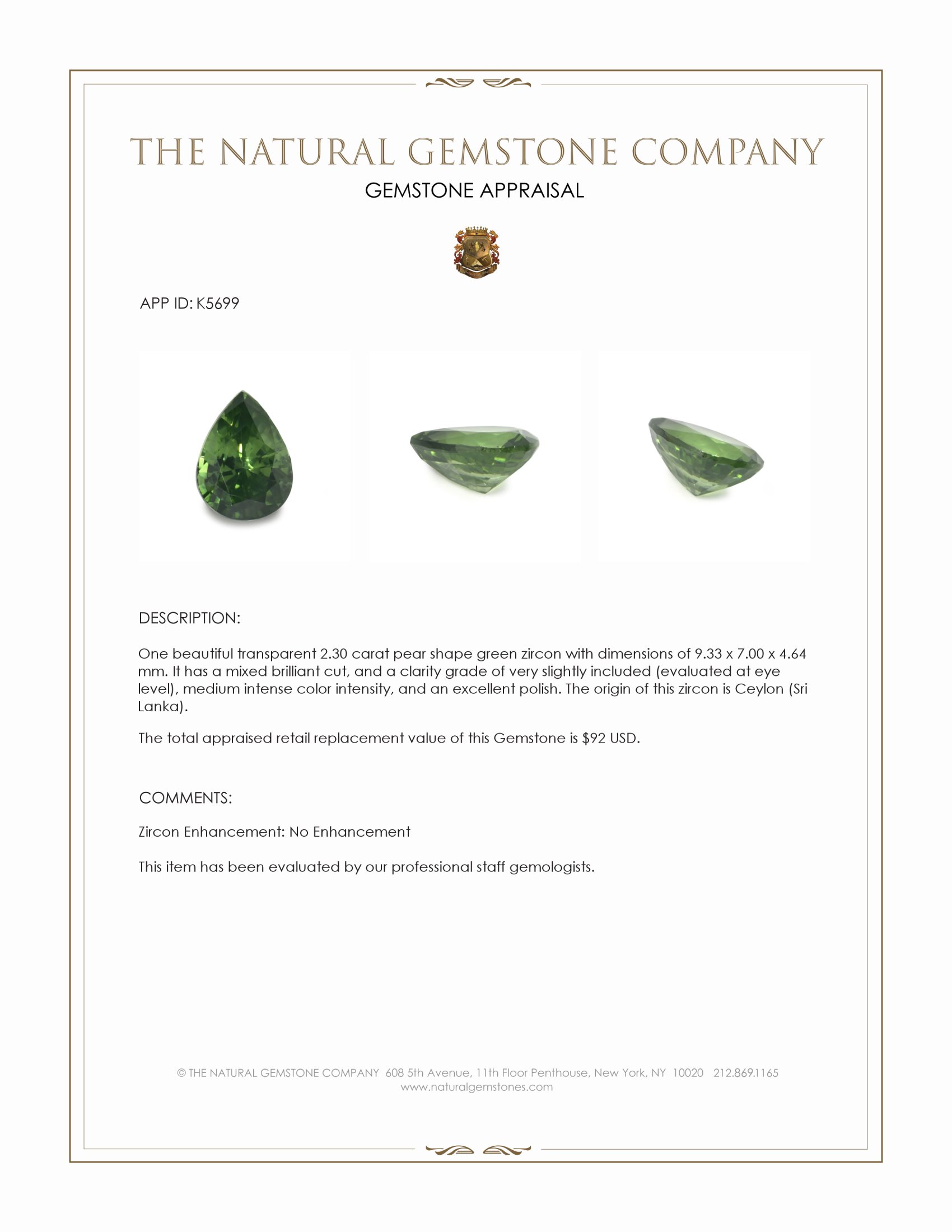 2.30 Ct. Green Zircon from Ceylon (Sri Lanka)