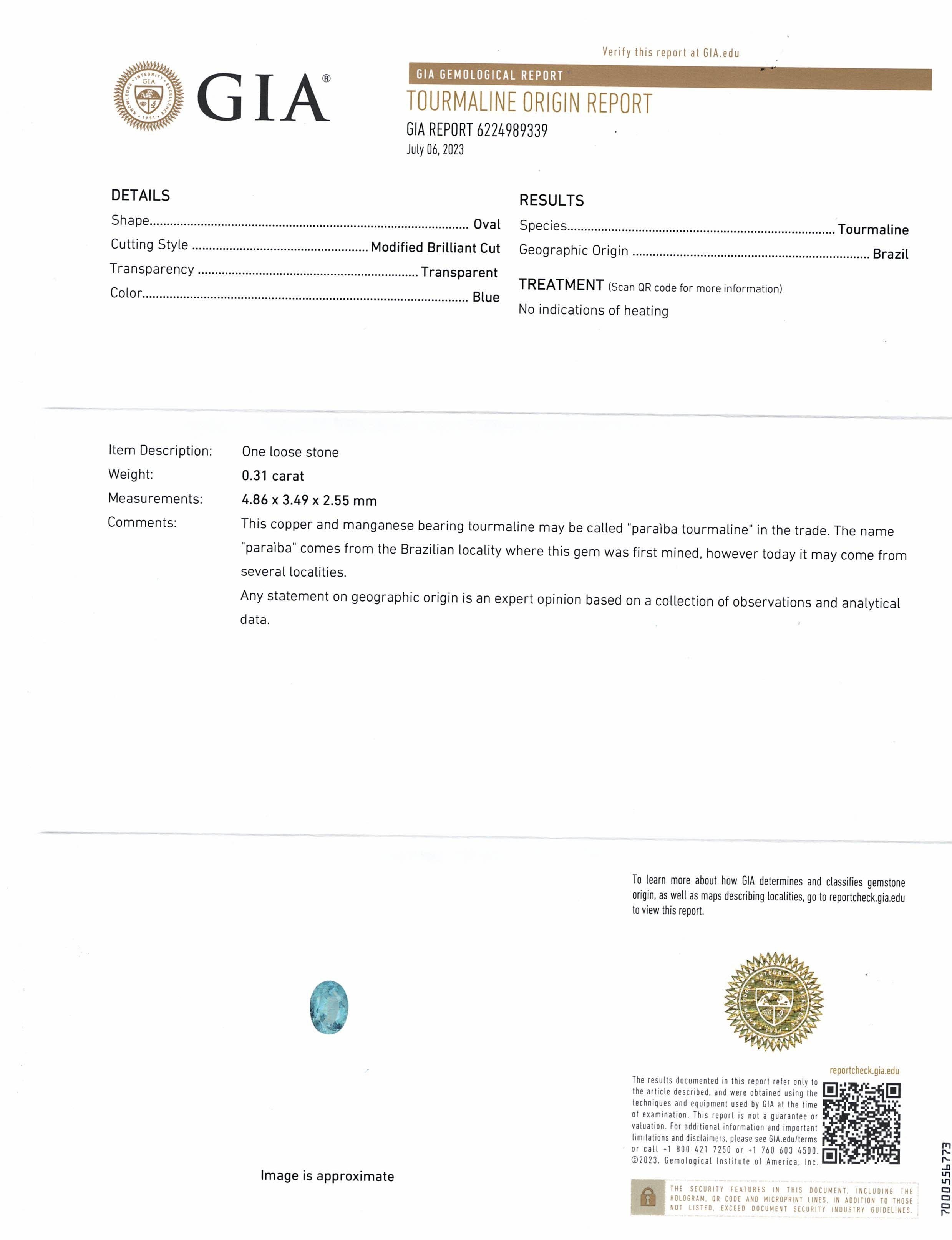 0.31 Ct. Paraiba Tourmaline from Brazil