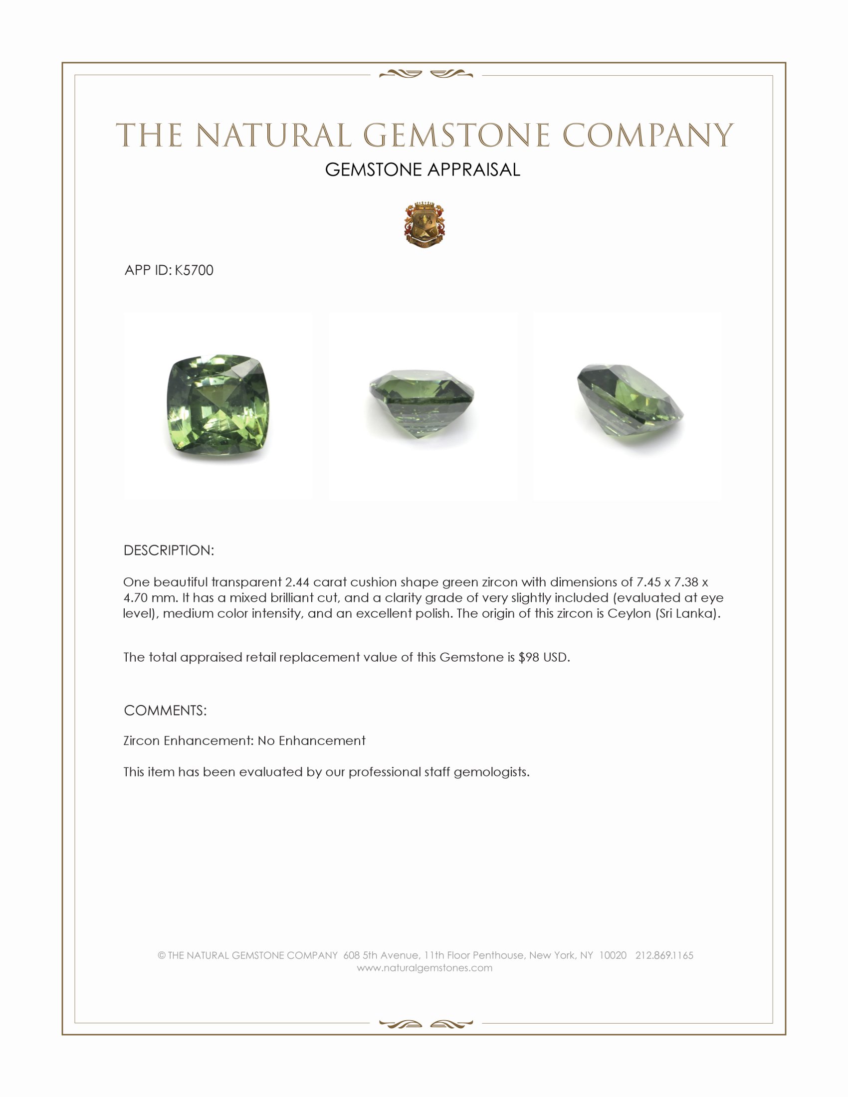 2.44 Ct. Green Zircon from Ceylon (Sri Lanka)