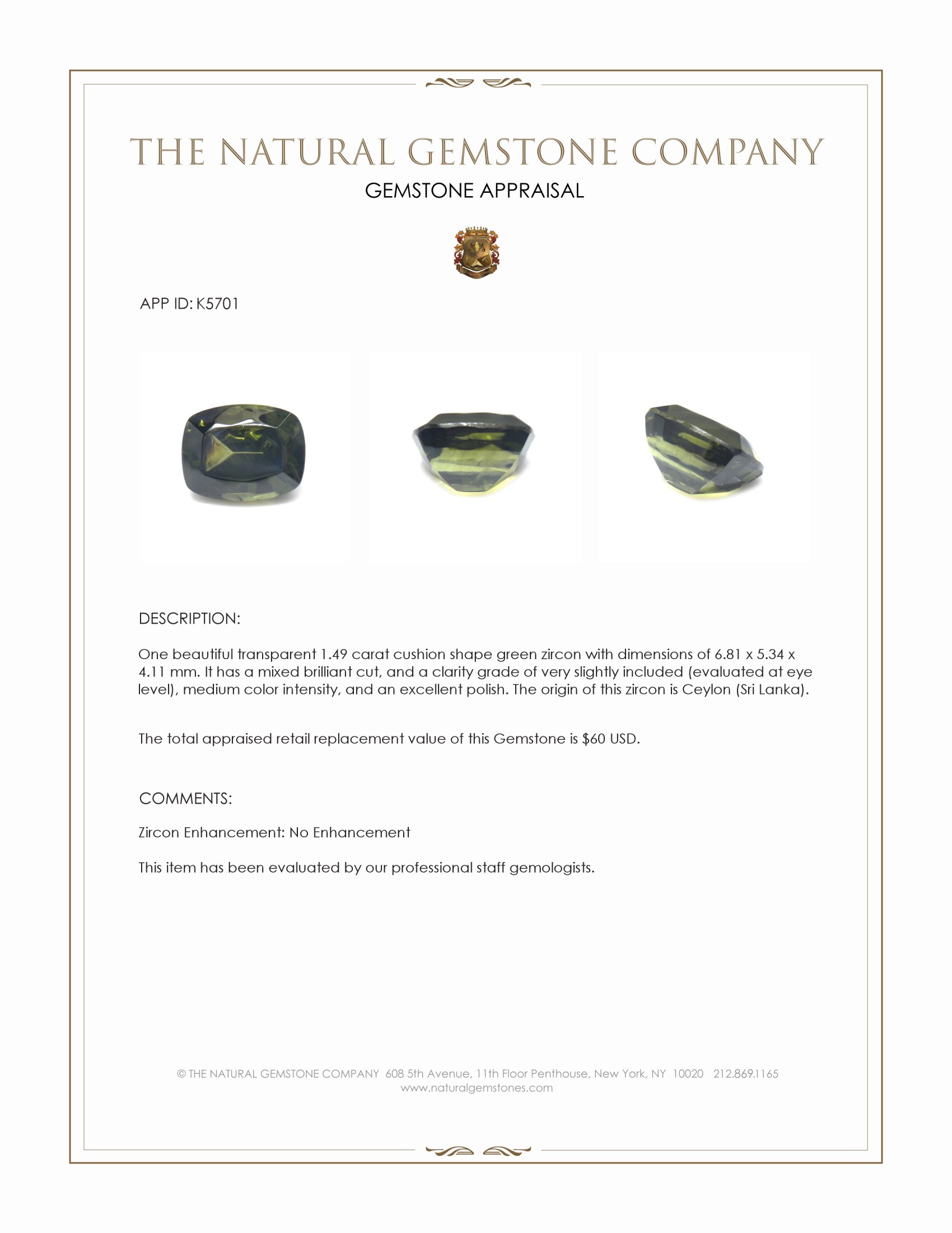 1.49 Ct. Green Zircon from Ceylon (Sri Lanka)