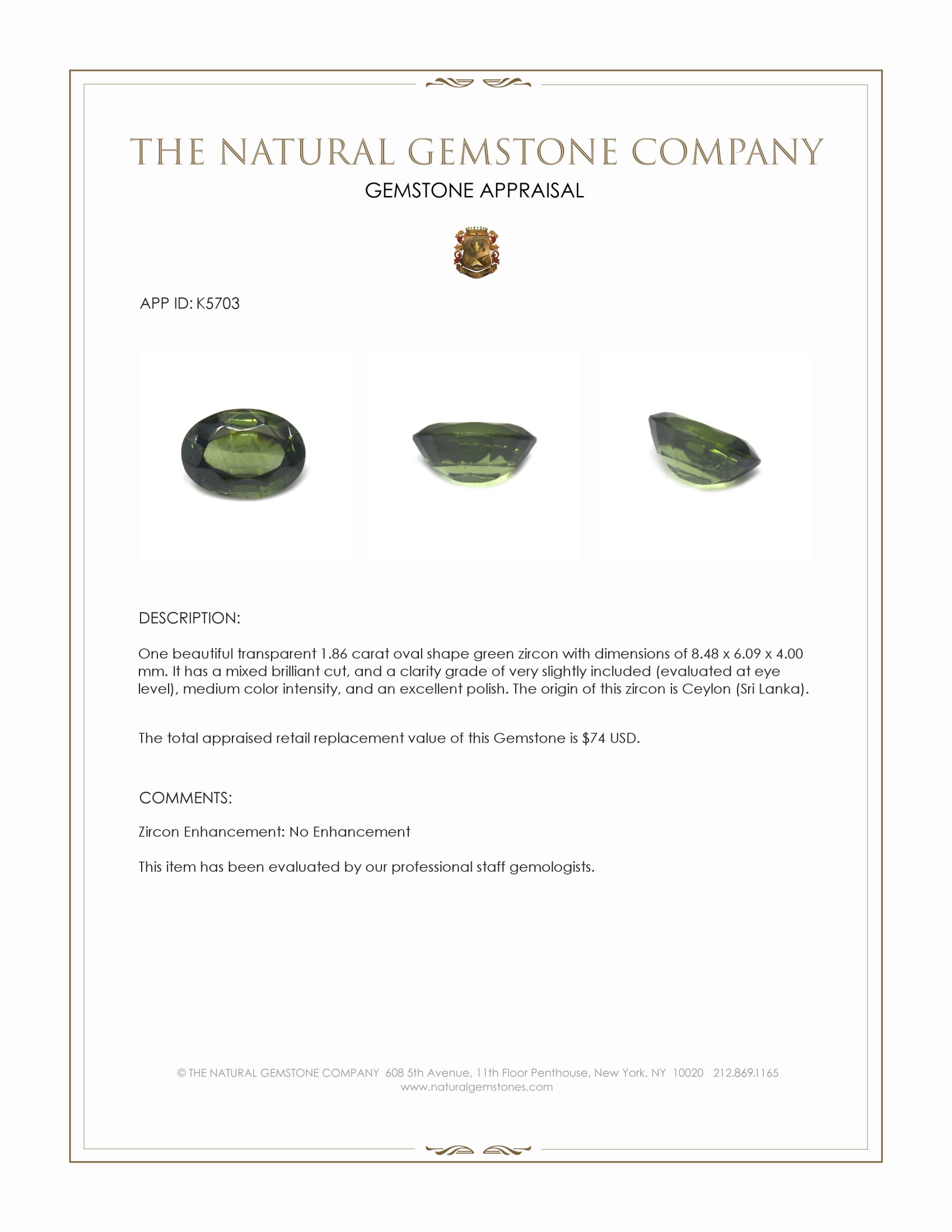 1.86 Ct. Green Zircon from Ceylon (Sri Lanka)