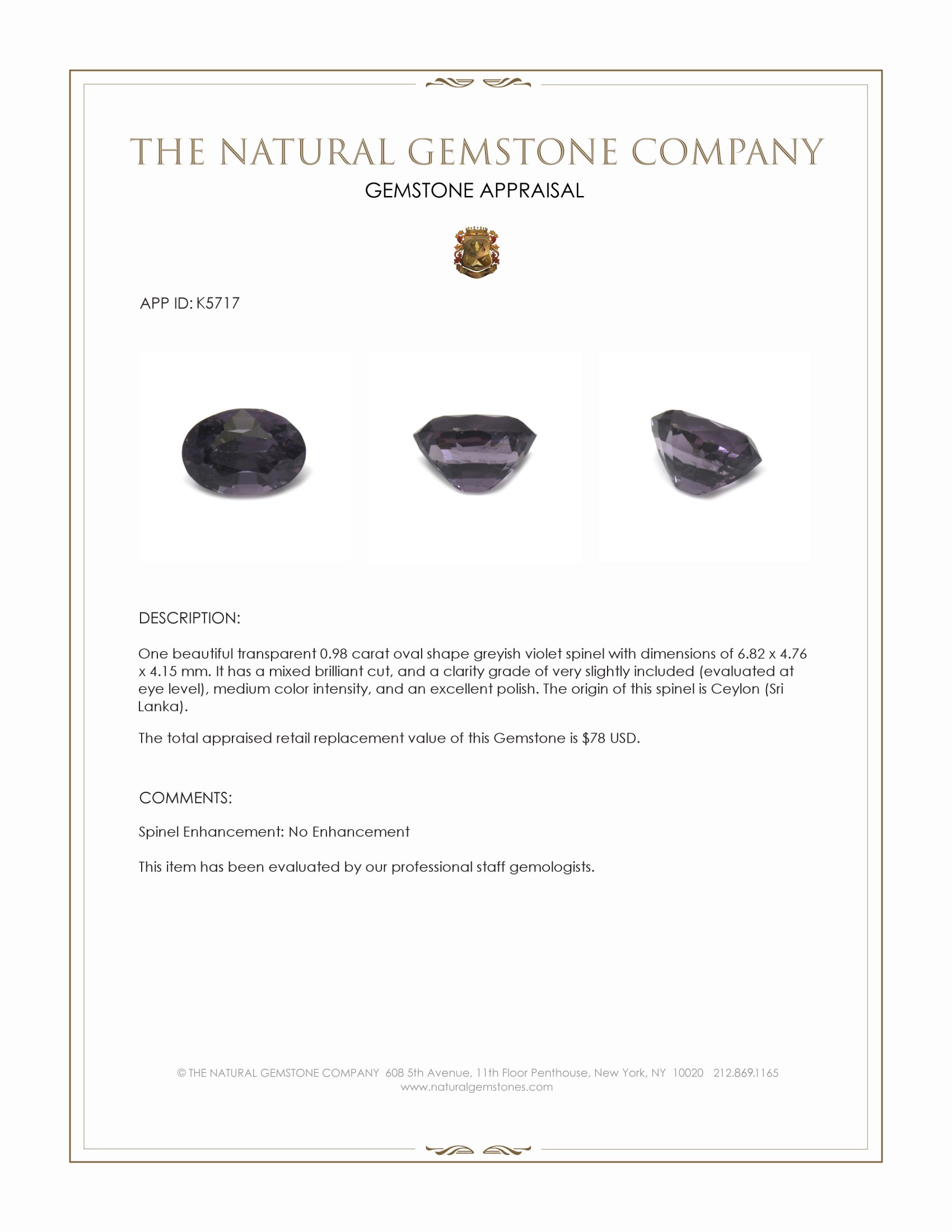 0.98 Ct. Greyish Violet Spinel from Ceylon (Sri Lanka)