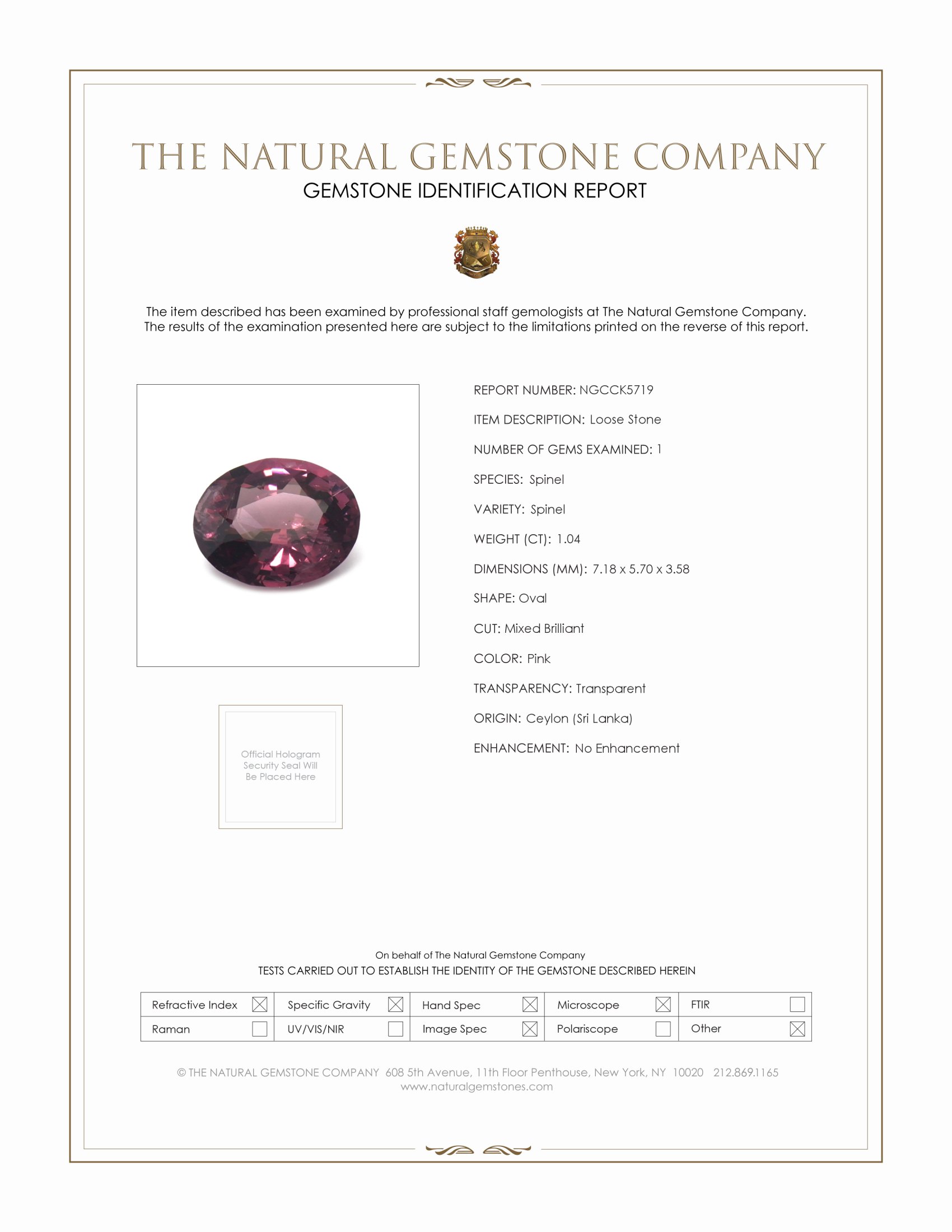 1.04 Ct. Pink Spinel from Ceylon (Sri Lanka)