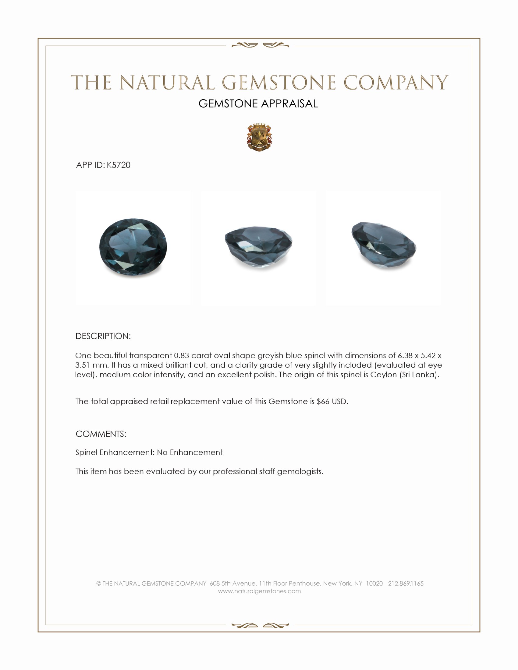 0.83 Ct. Greyish Blue Spinel from Ceylon (Sri Lanka)