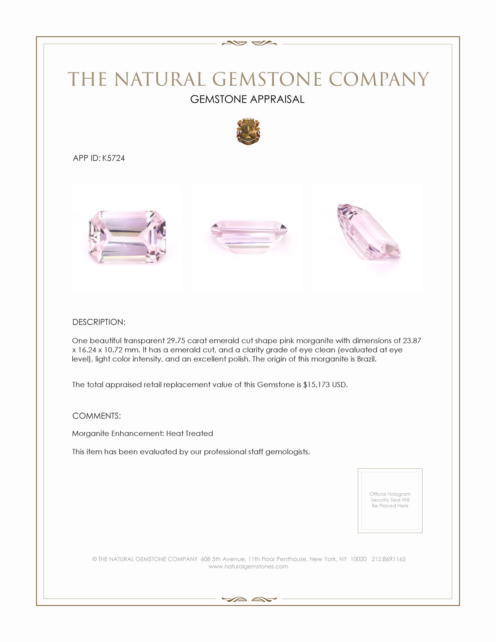 29.75 Ct. Morganite from Brazil