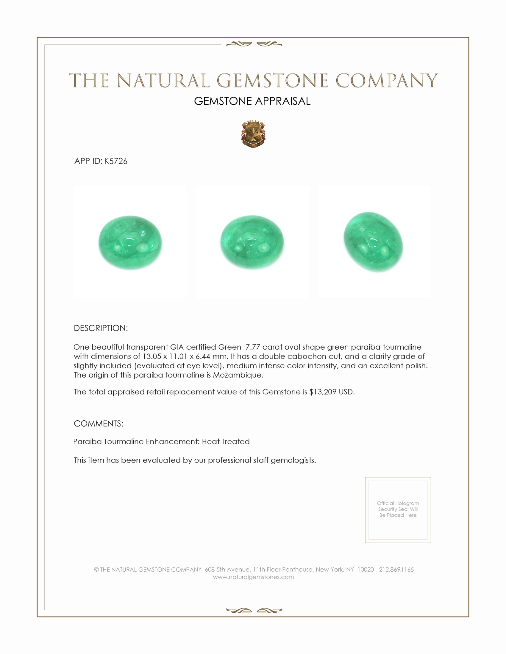 7.77 Ct. Green Cabochon Paraiba Tourmaline from Brazil