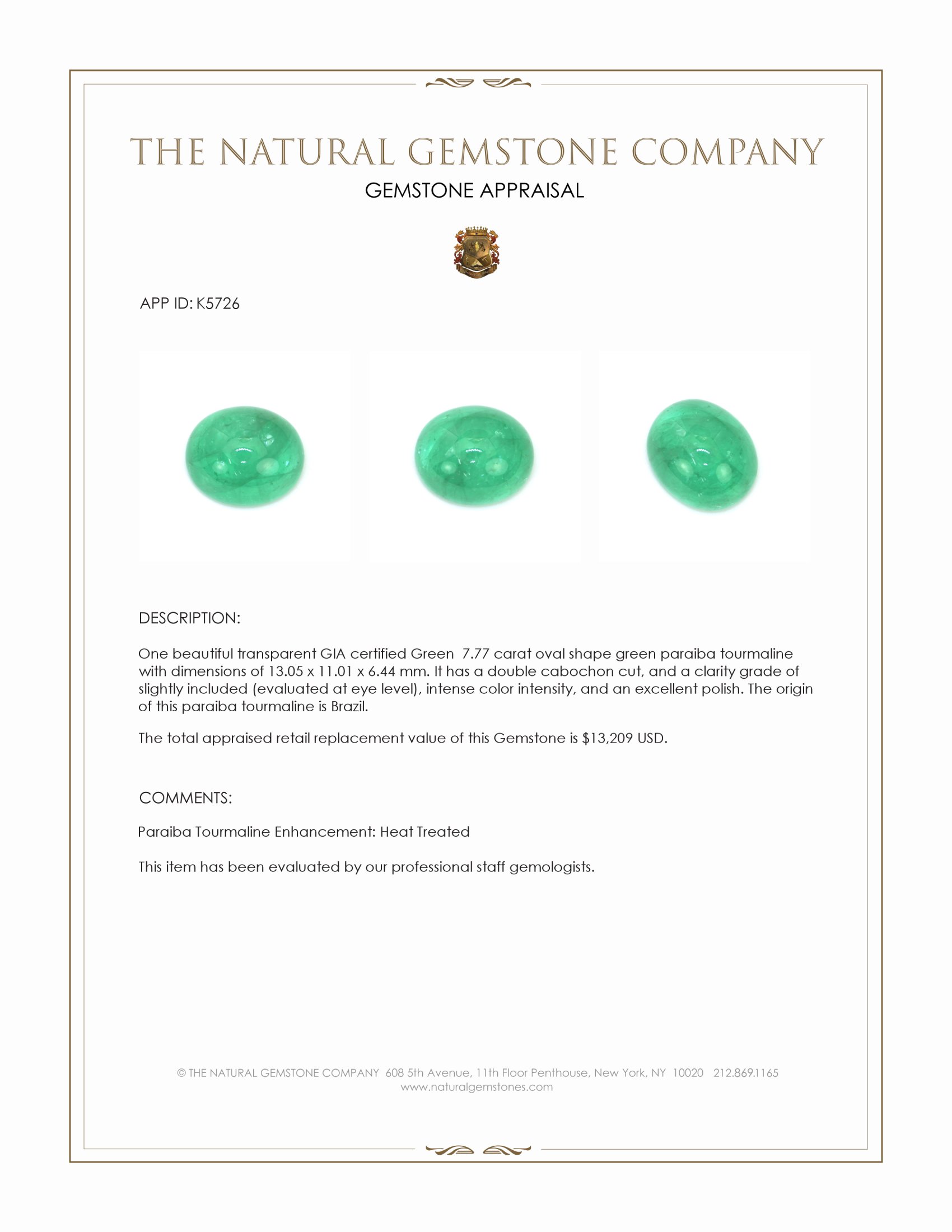 7.77 Ct. Cabochon Paraiba Tourmaline from Brazil