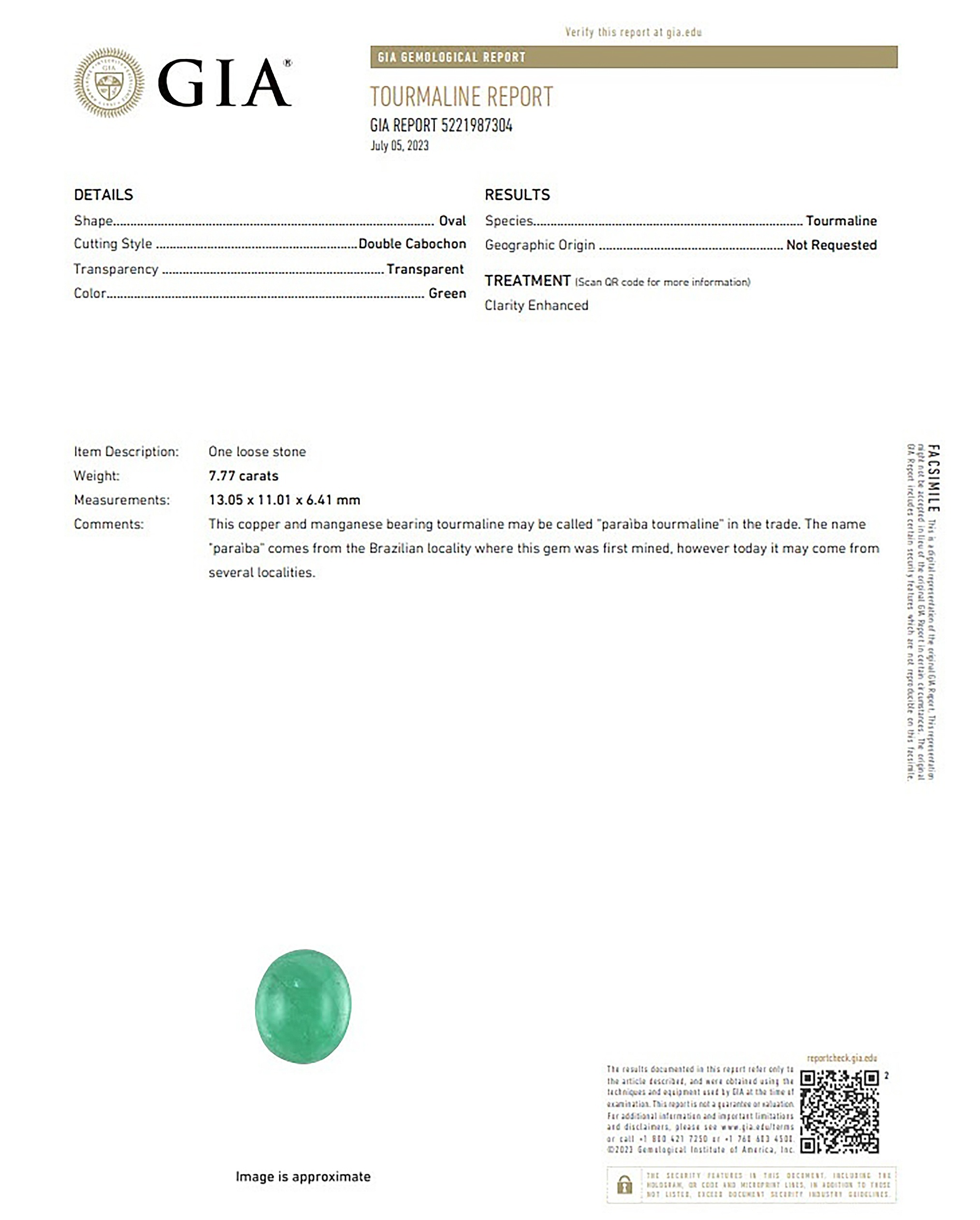 7.77 Ct. Cabochon Paraiba Tourmaline from Mozambique